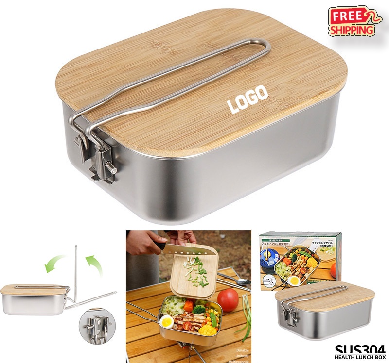 Custom Logo Stainless Steel Bento Box for Camping with Bamboo Lid Wholesale 2