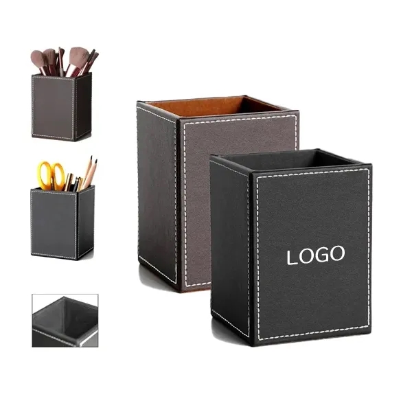 Square PU Leather Pen Holder with Desk Organizer Cup 4