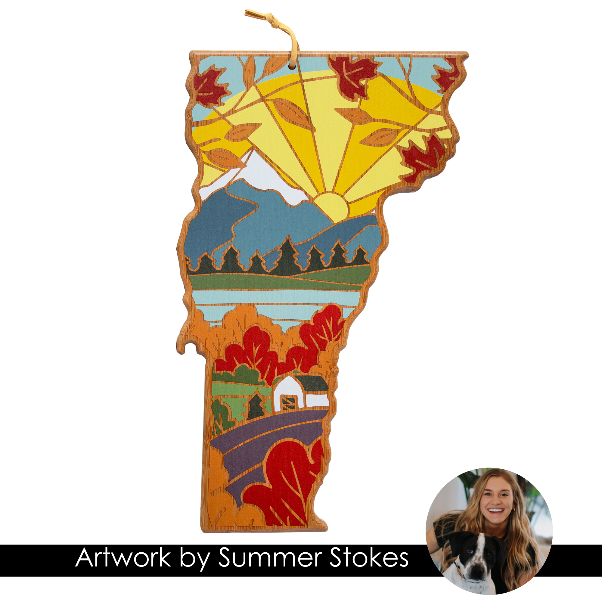 Vermont State Shaped Serving and Cutting Board with Artwork by Summer Stokes 6