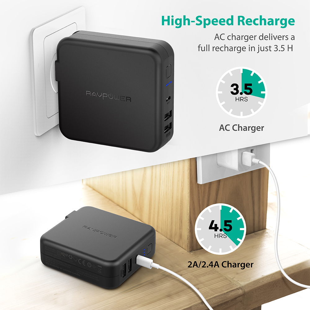 RAVPower Power Bank with Dual USB Wall Charger - 6700mAh 6