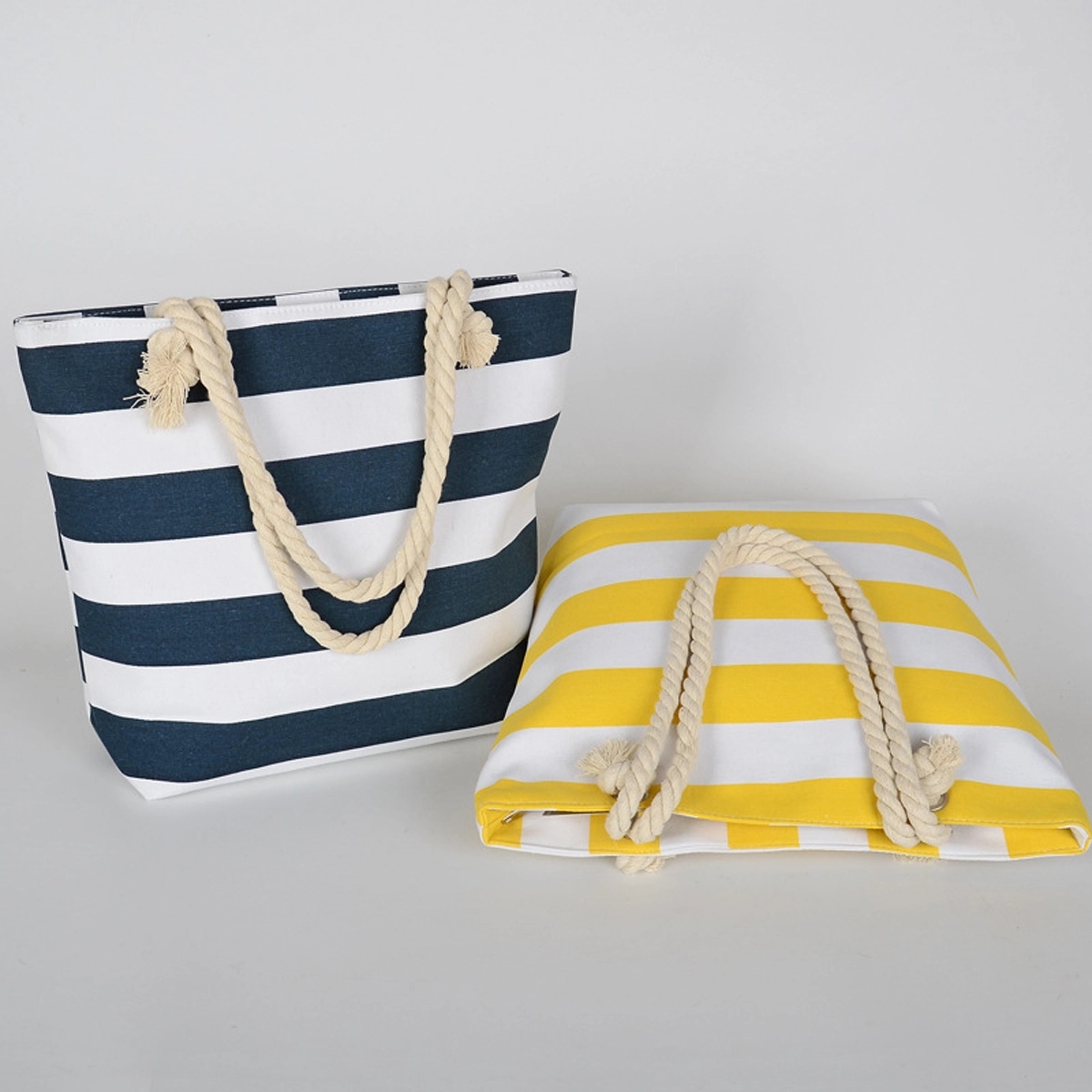Striped Canvas Beach Tote Bag With Zipper 2
