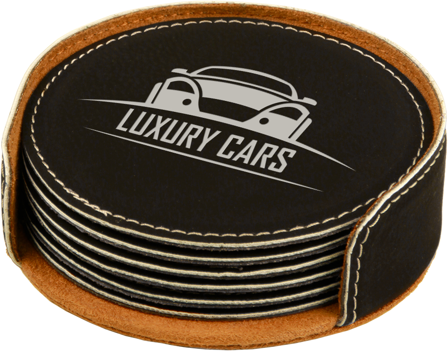 4" Black/Silver Round Leatherette 6-Coaster Set 2