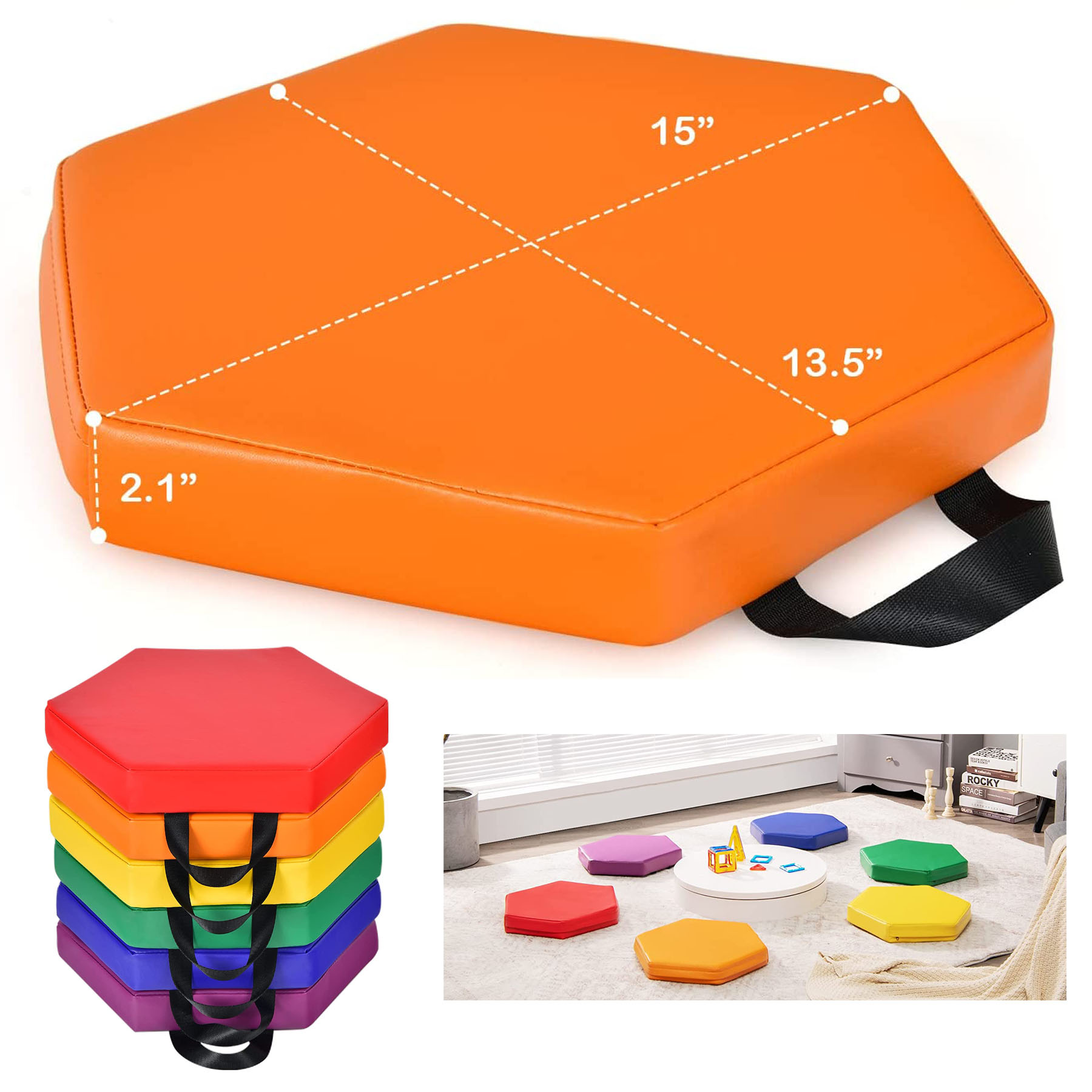Hexagon Kids 2 Inches Thick Floor Cushion with Handle