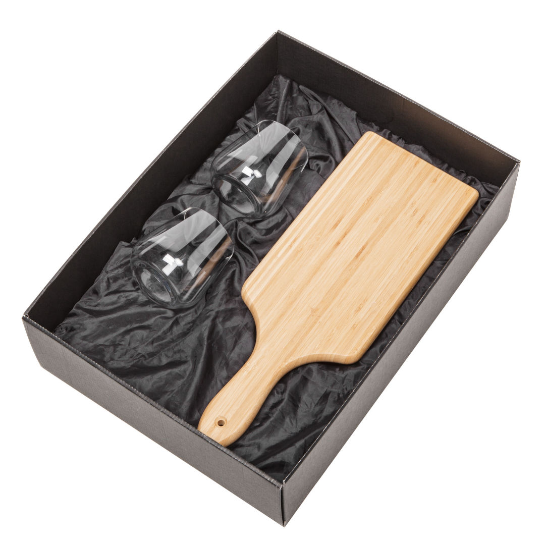 Swissmar® Bamboo Board & 2 Howden Stemless Wine 3