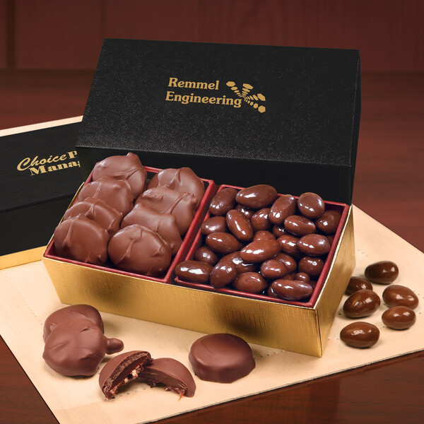 Caramel Pecan Clusters & Chocolate Almonds in Black & Gold Gift Box