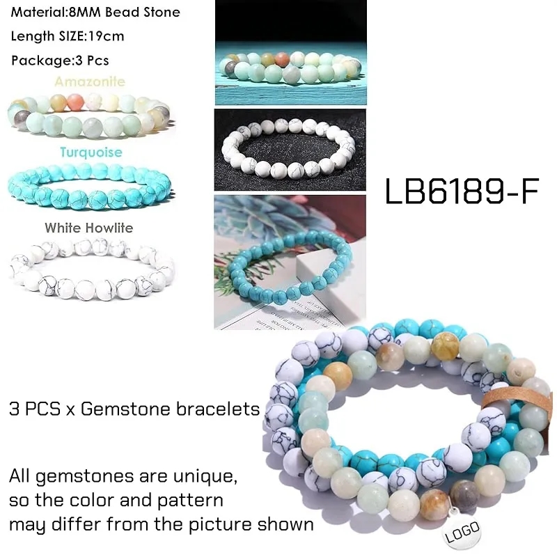 BULK Round Beaded Gemstone Bracelets Wholesale 3 PCS Set 8