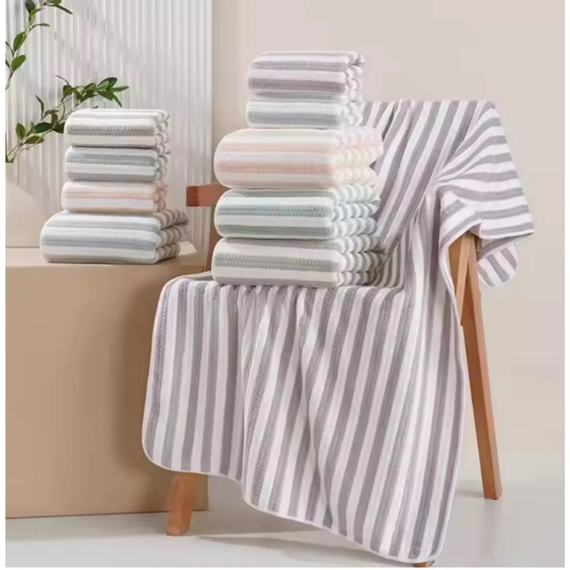 Soft Striped Coral Fleece Towel Ultra Absorbent 6