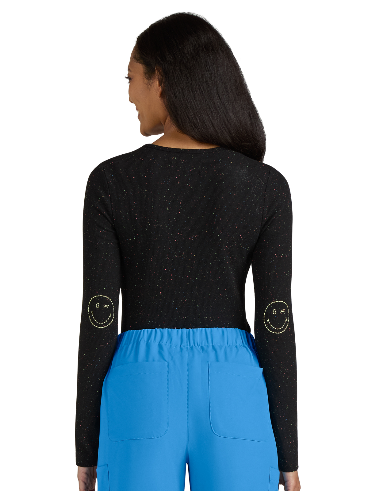 koi - Smiley World - Women's Speckled Rib Smiley Face Elbow Tender Underscrub Tee 1