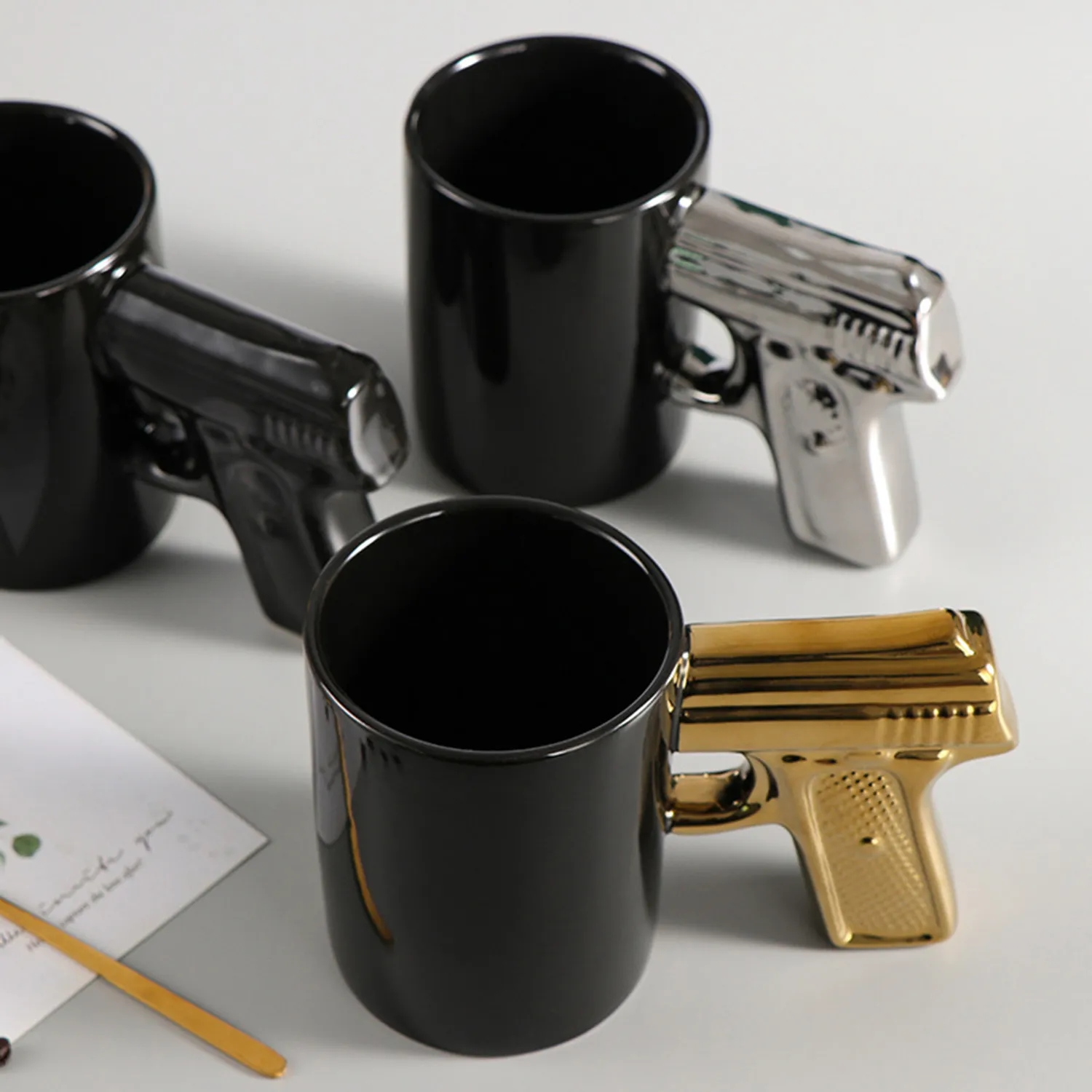 Ceramic Cup Gold Silver Pistol Mug 12