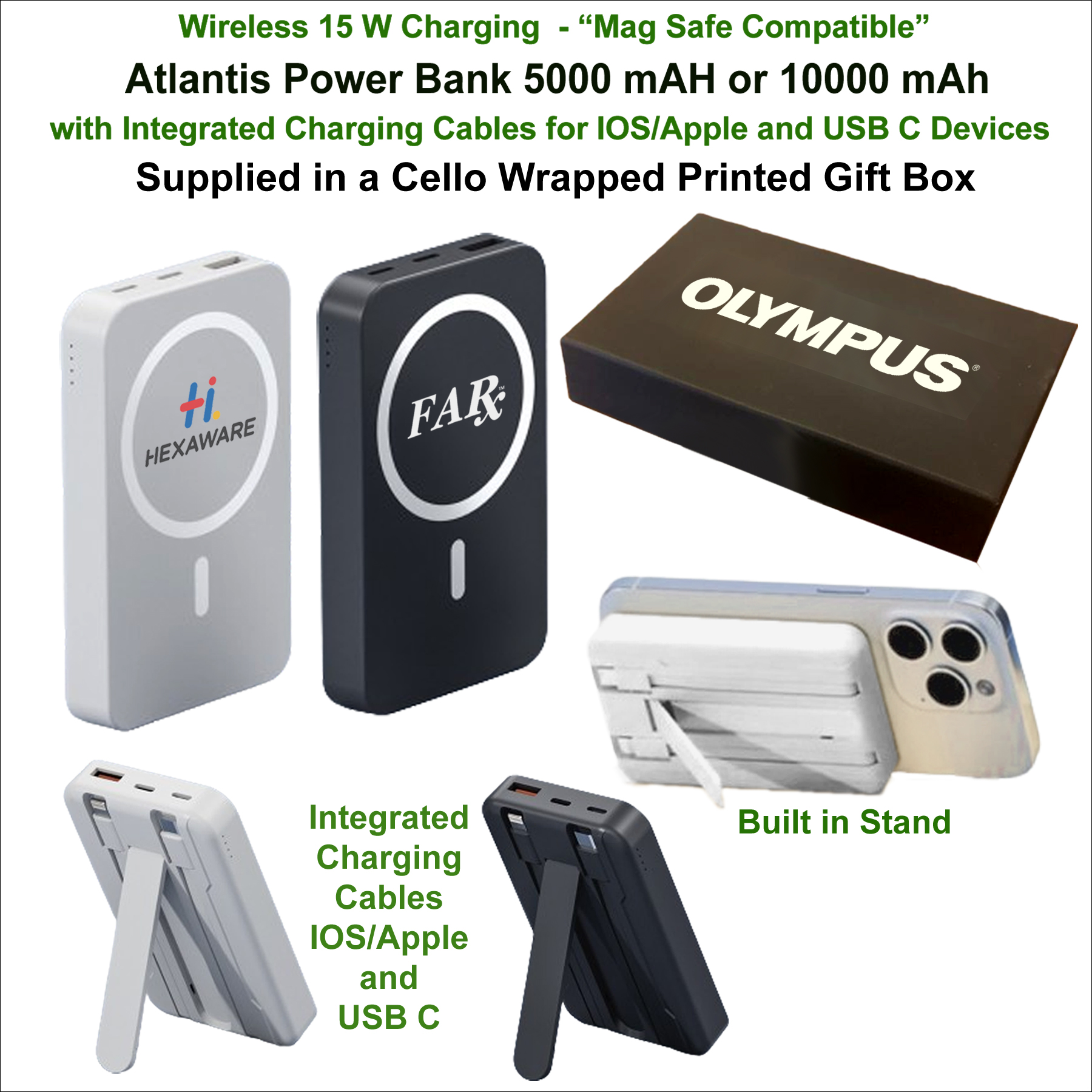 Atlantis Power Bank Integrated Charging Cables 5000 mAh "Mag Safe" In a Cello Wrapped Gift Box 1