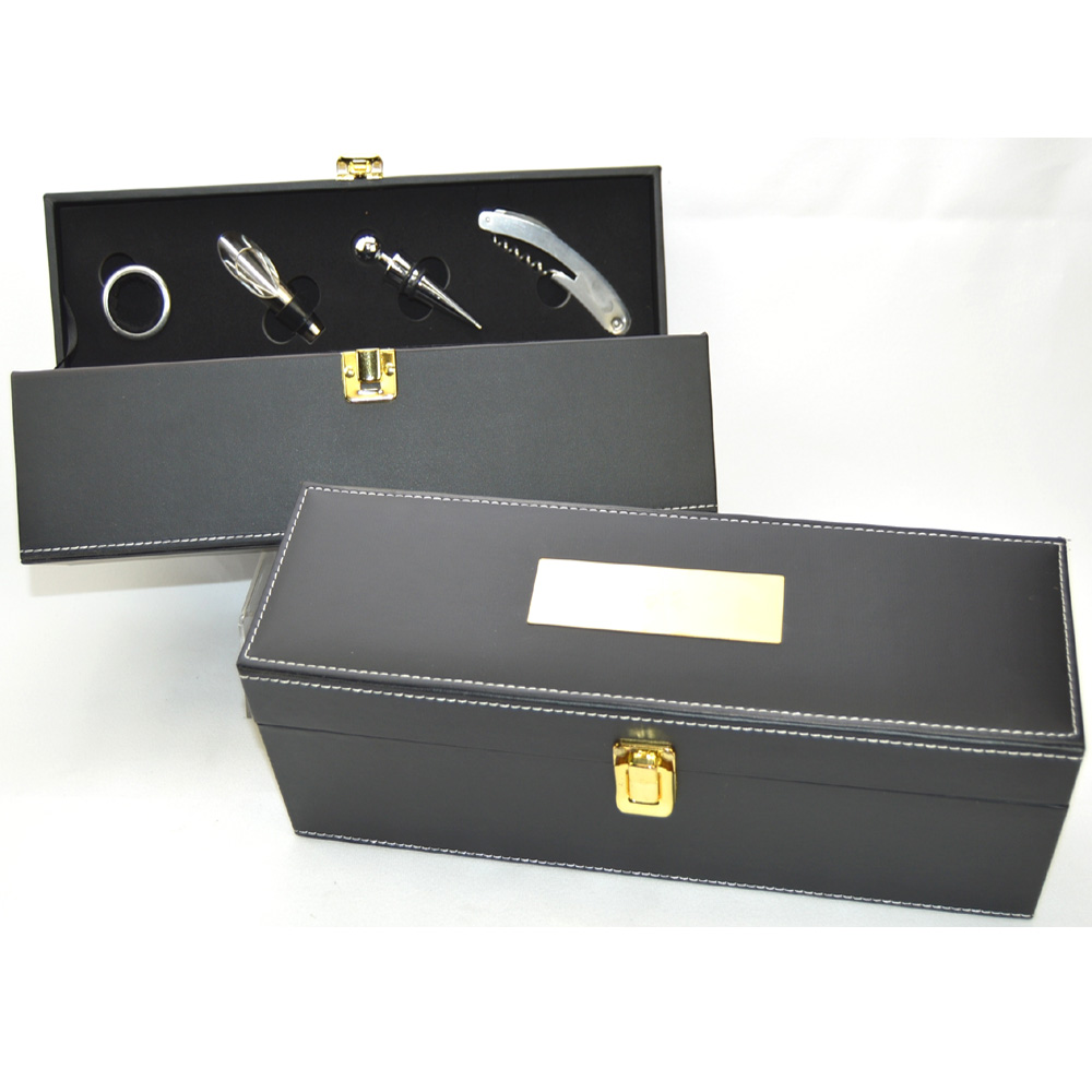 Single Bottle Faux Leather Wine Box with 4 pc Wine Set 2
