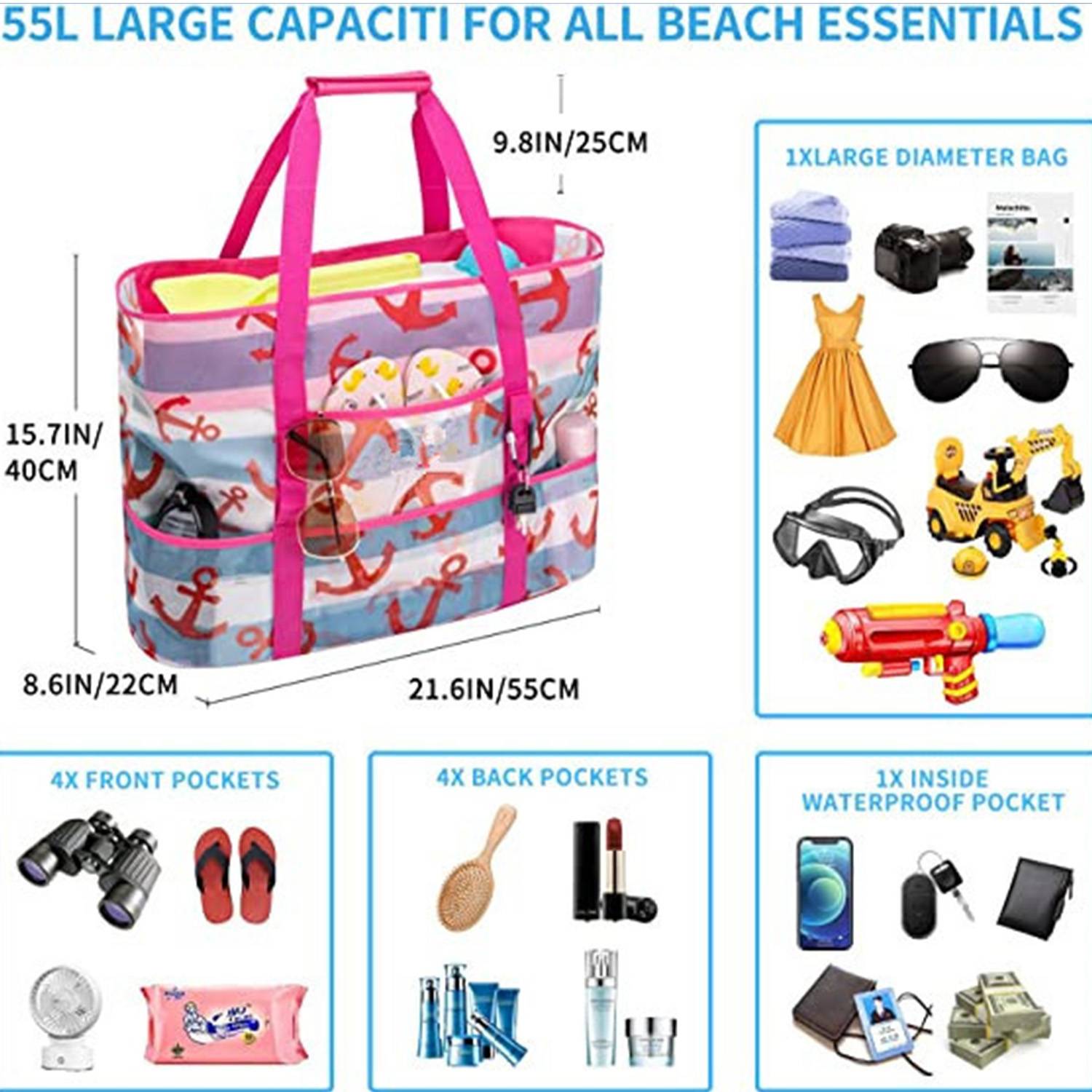 Large Mesh Nylon Beach Tote Bag w/ Pockets for Travel 11