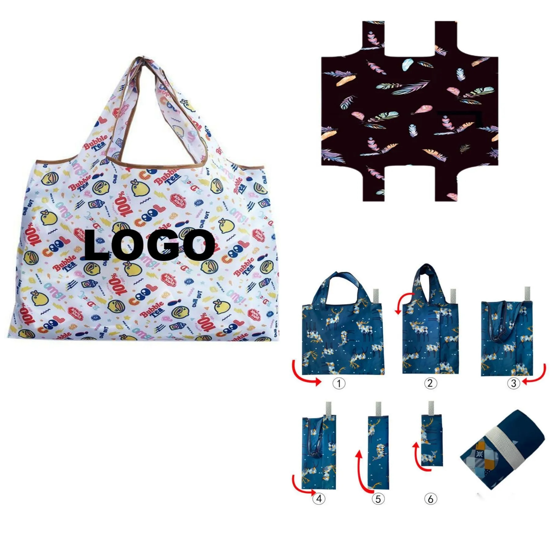 Printed Shoulder Fold Up Shopping Tote Bag 2