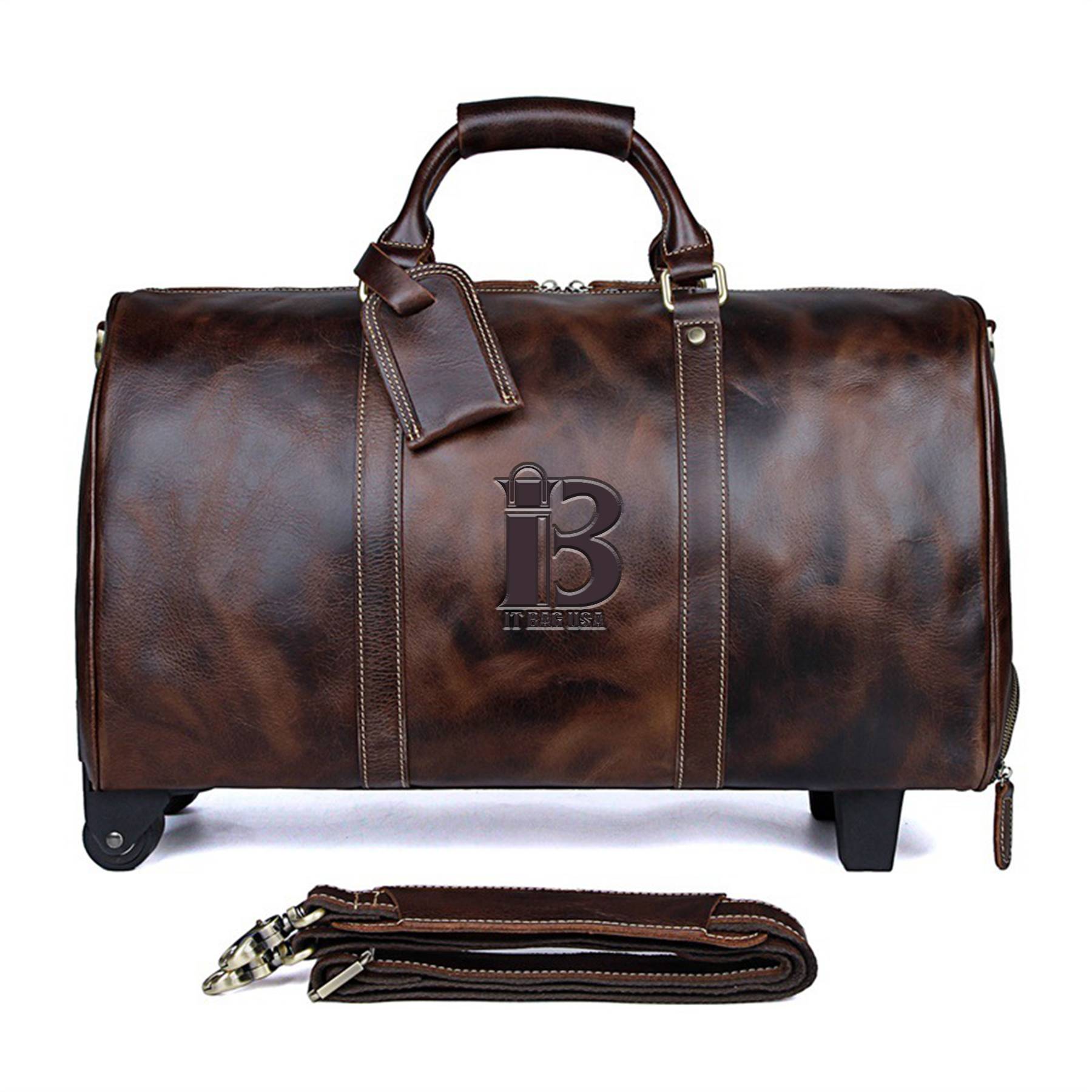 Large Leather Travel Duffel Bag with 2-rolling Spinner Wheel 2