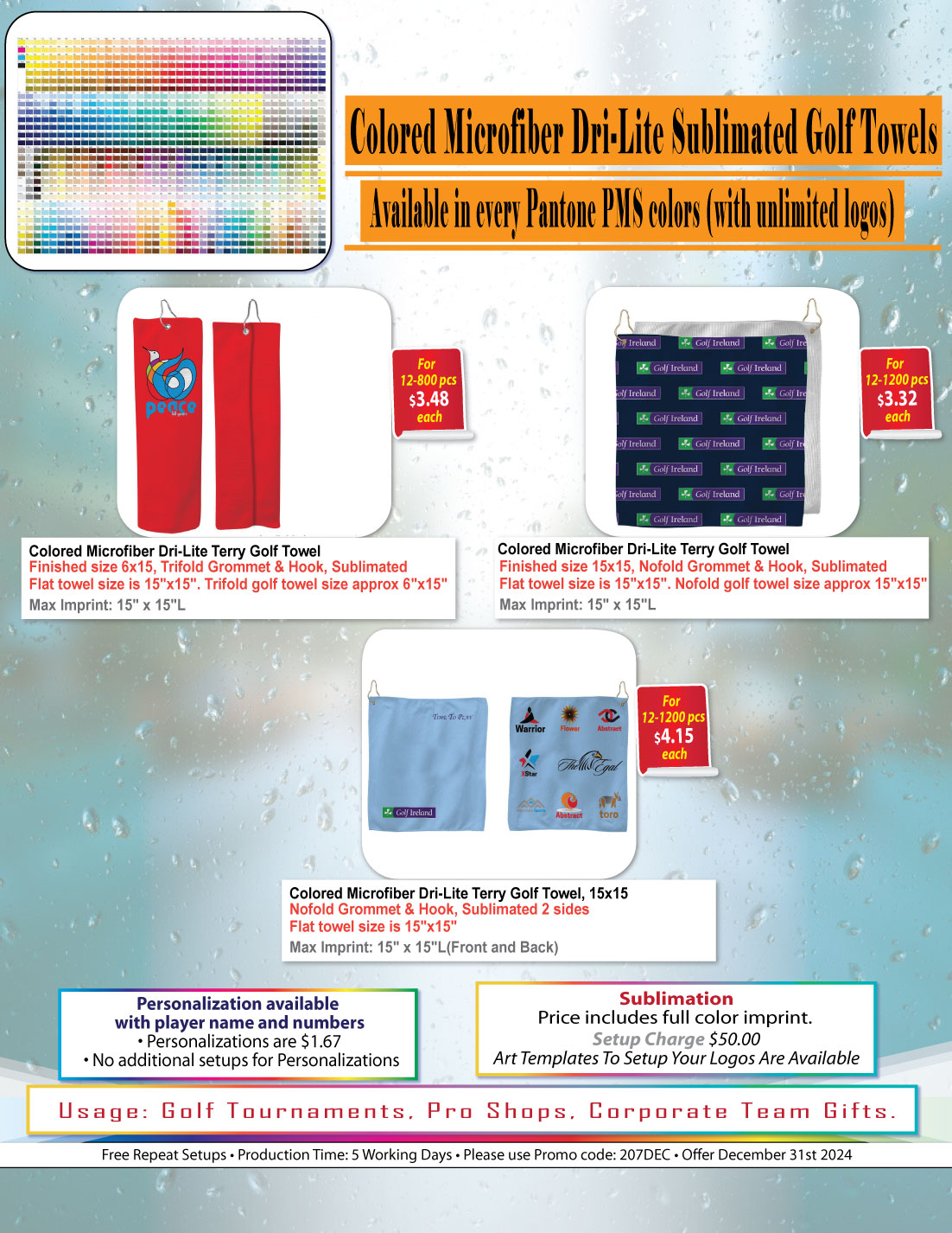 Colored Microfiber Dri-Lite Terry Golf Towel, Finished size 6x15, Trifold Grommet & Hook, Sublimated 1