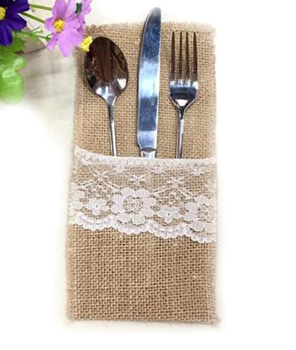 Natural Burlap Lace Cutlery Bag 10
