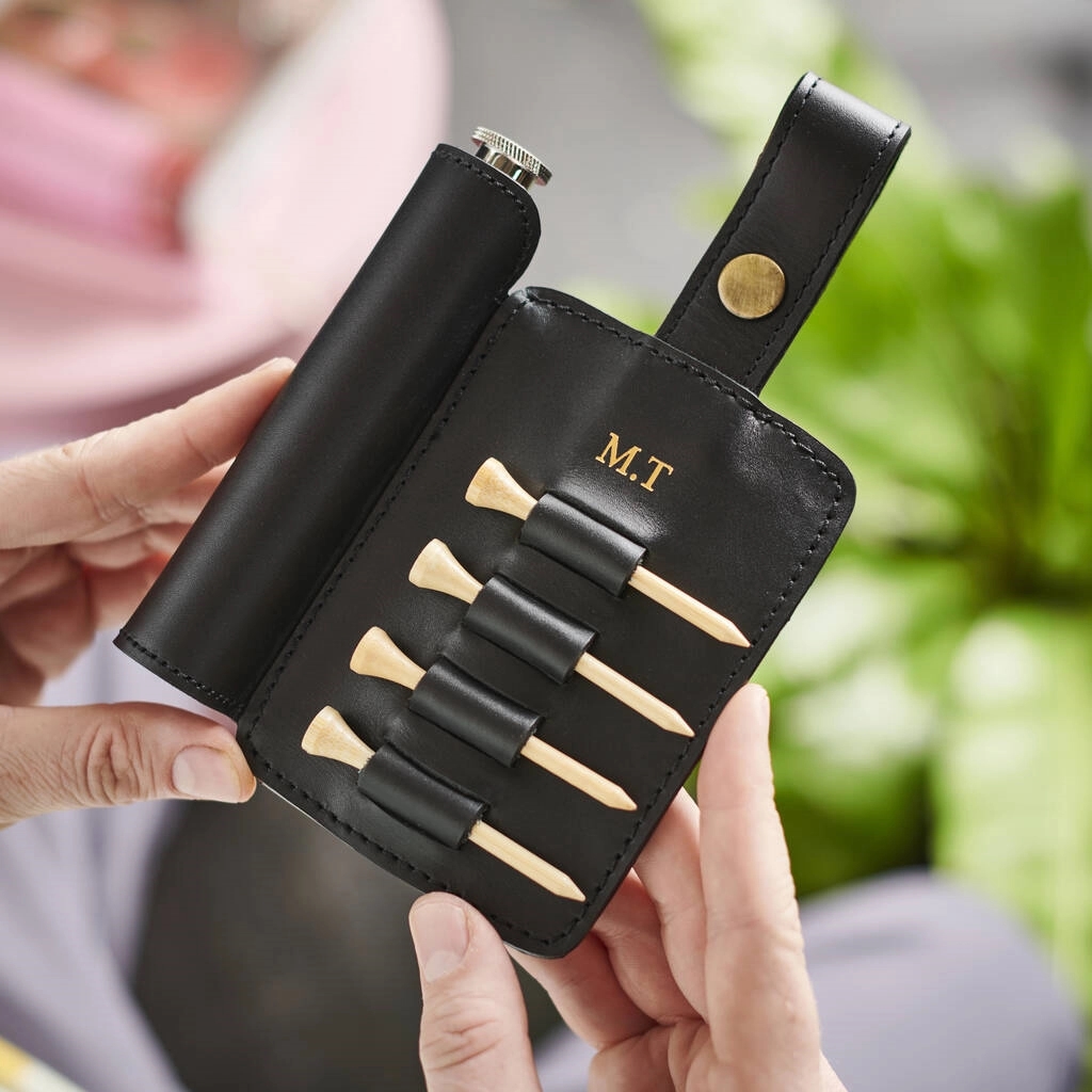 LEATHER GOLF TEE HOLDER & HIP FLASK 6