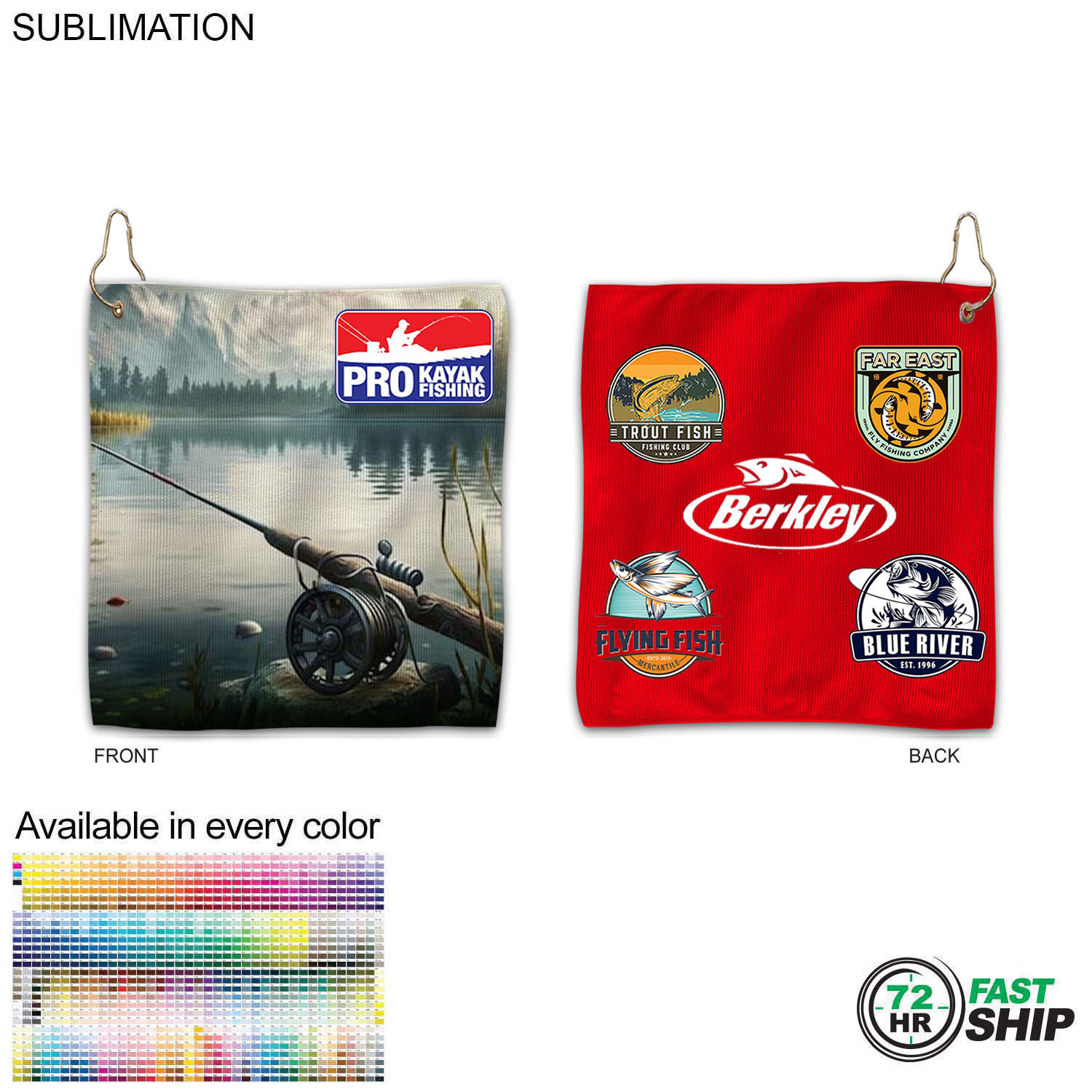 72Hr Fast Ship - Colored Microfiber Terry Fishing Towel, 10x10, Grommet & Hook, Sublimated 2 sides 1