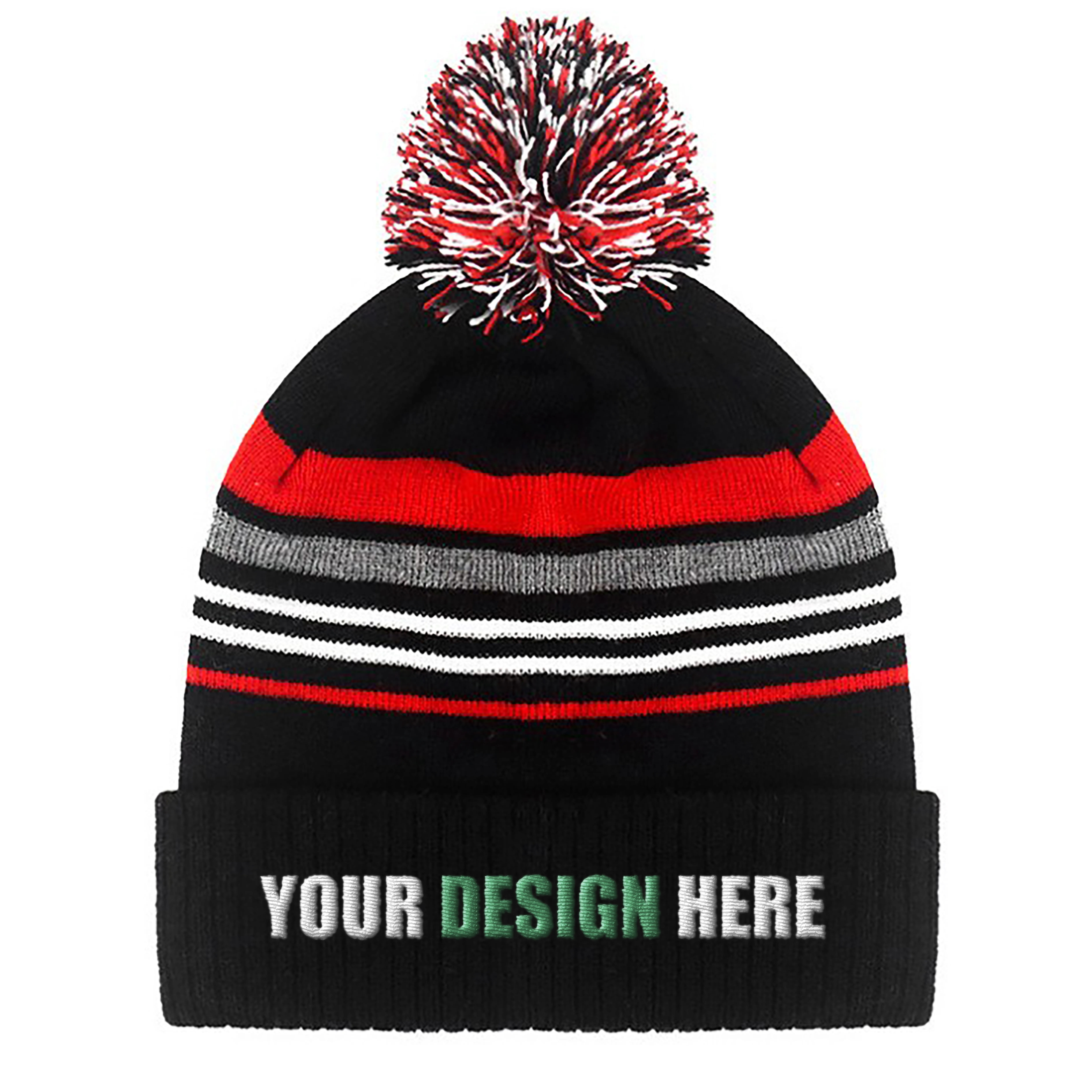 Strip Embroidered Pom Knitted Beanie 3