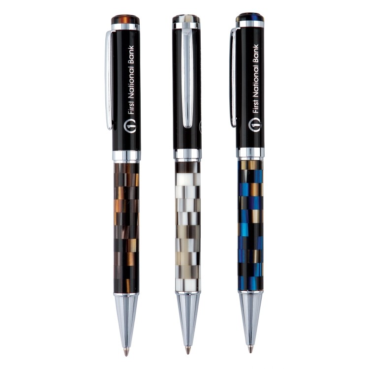 Geo Brass Marble Twist Action Ballpoint Pen w/ Geometric Design