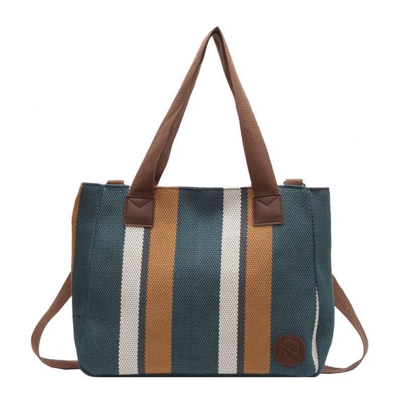 Striped Canvas Tote Bag W/ Large Capacity 1