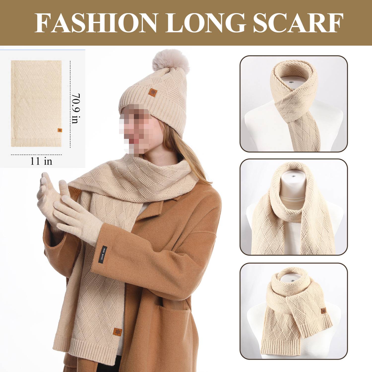 3 Pcs Winter Hat Scarf Gloves Knit Set 1