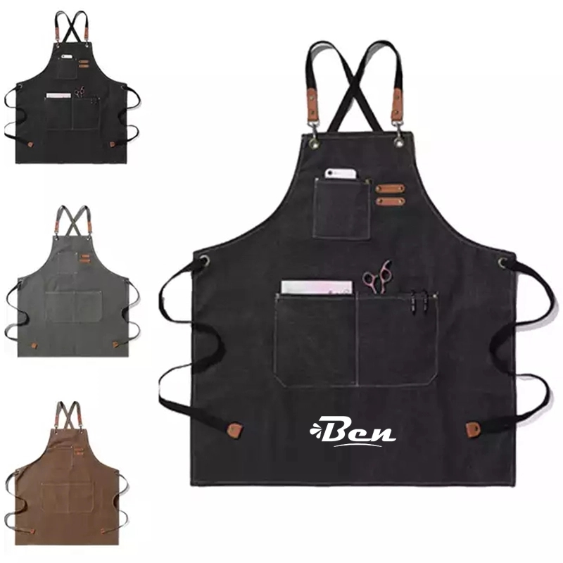 Black Leather Duck Canvas Cotton Kitchen Apron For Waiter 8