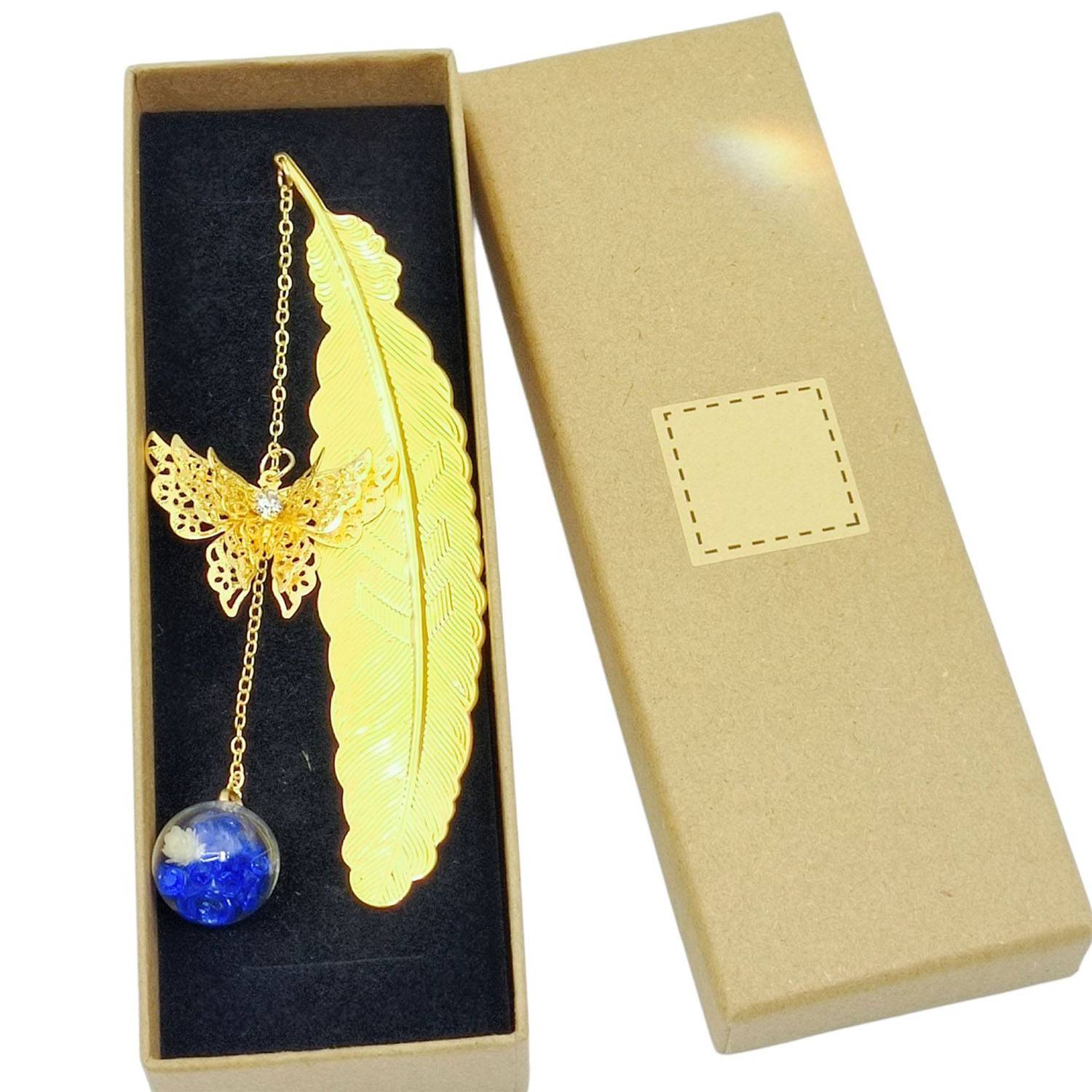Metal Feather Bookmark w/ Butterfly and Glass Bead 7