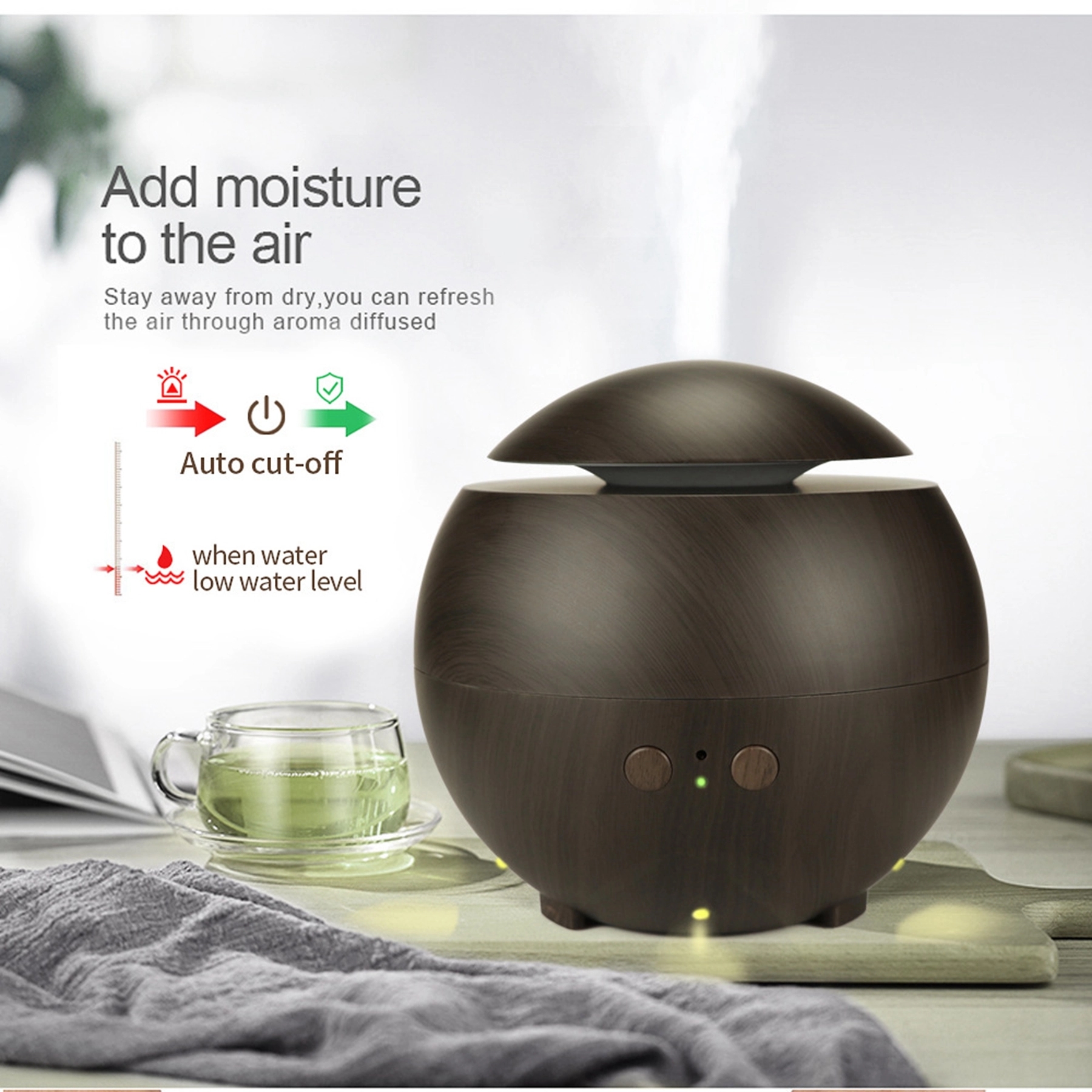 Round Wood Grain Ultrasonic Cool Mist Aroma Humidifier 5