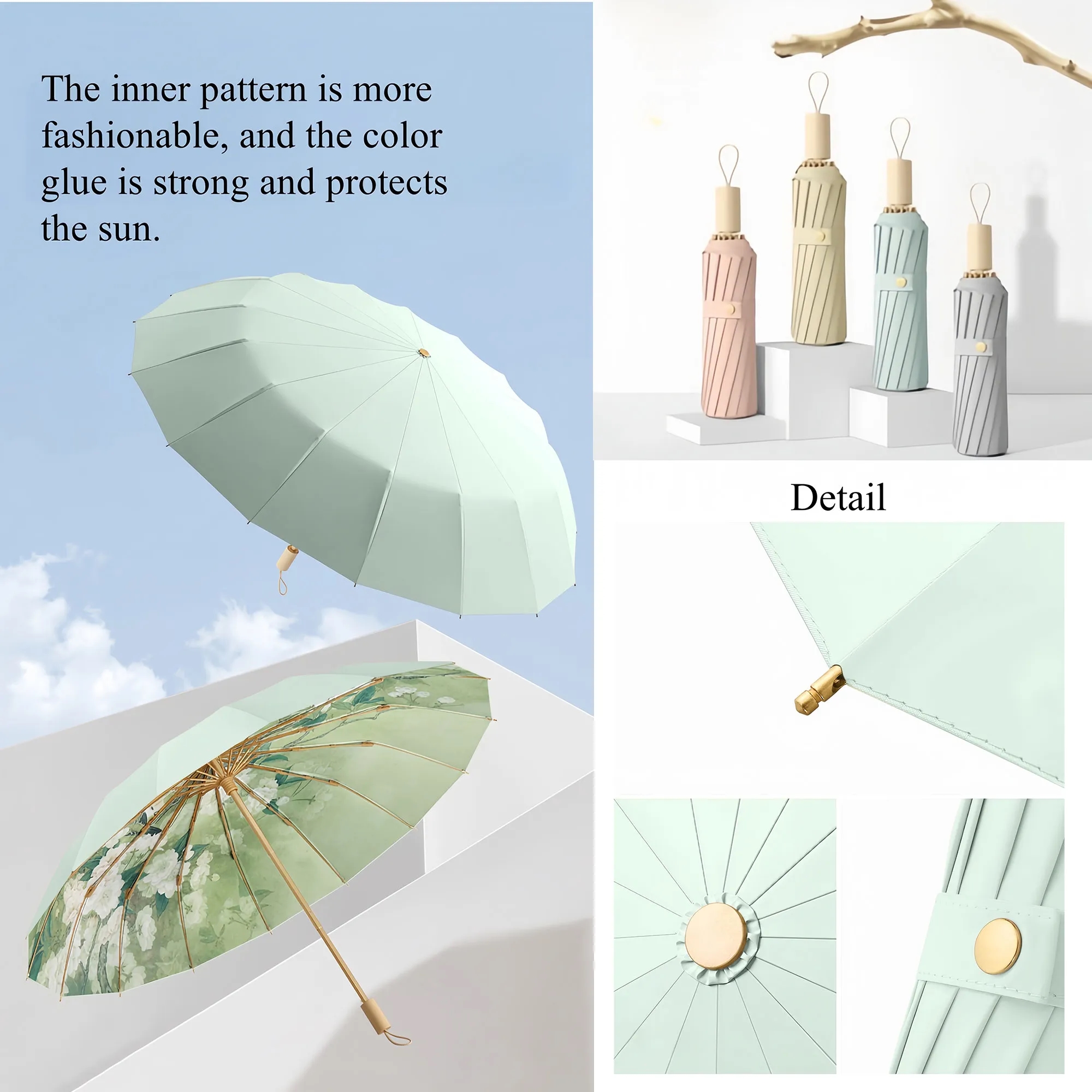 Luxury Handle UV Block Umbrella UPF50+ 16-Rib Compact 3