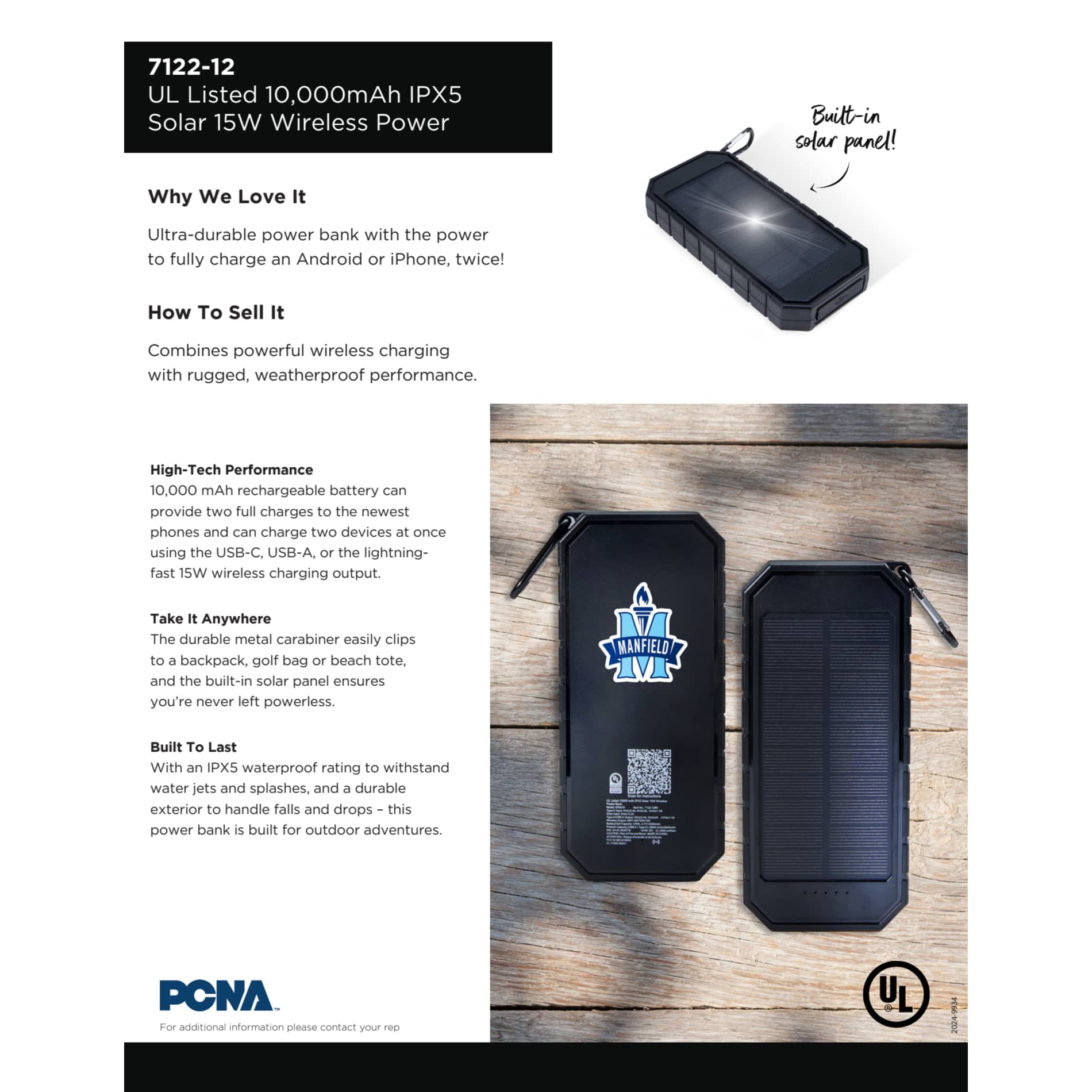 UL Listed 10000 IPX5 Solar 15W Wireless Power Ban 30