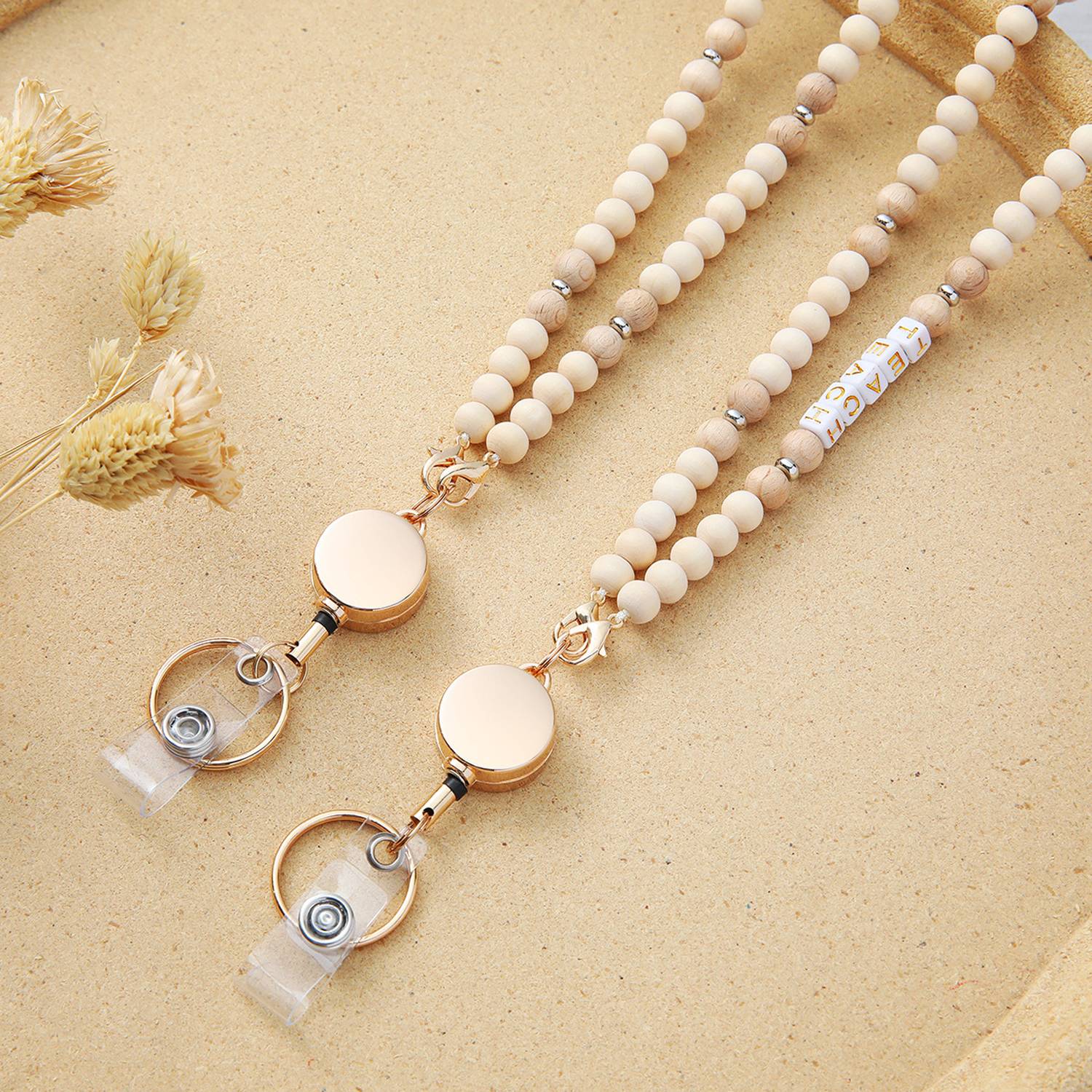 Wooden Bead Zipper Pull Retractable Lanyard Set 1