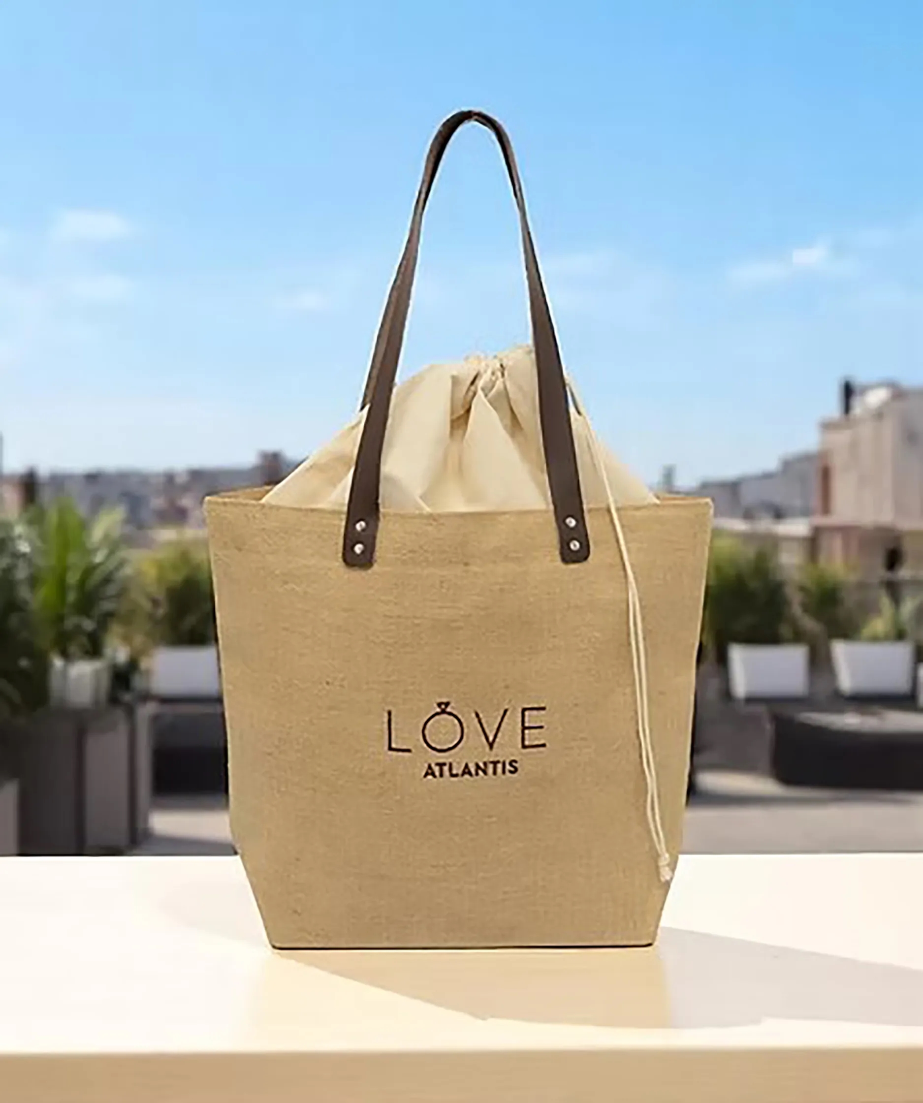 Embroidered Burlap Tote with Leather Handles 2