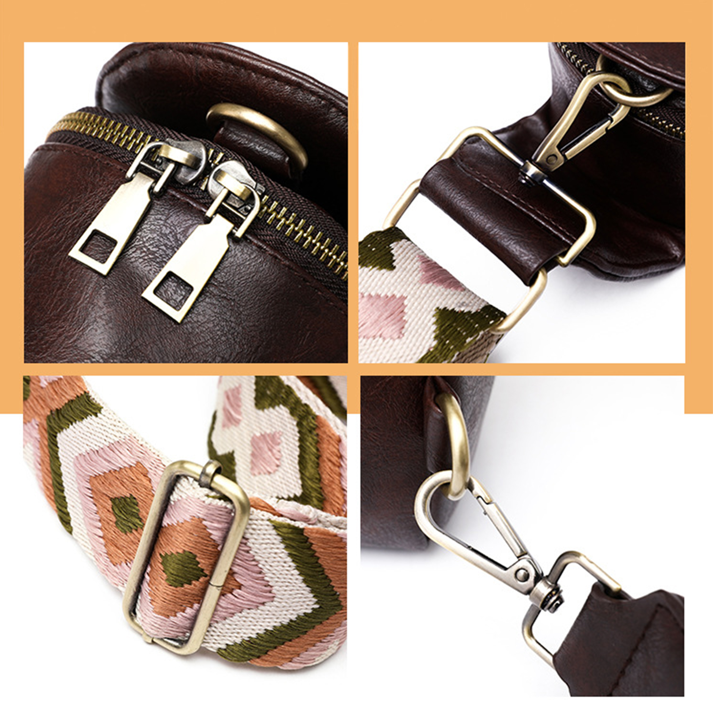 Pu Compact Sling Bag With Adjustable Boho-Pattern Strap 3