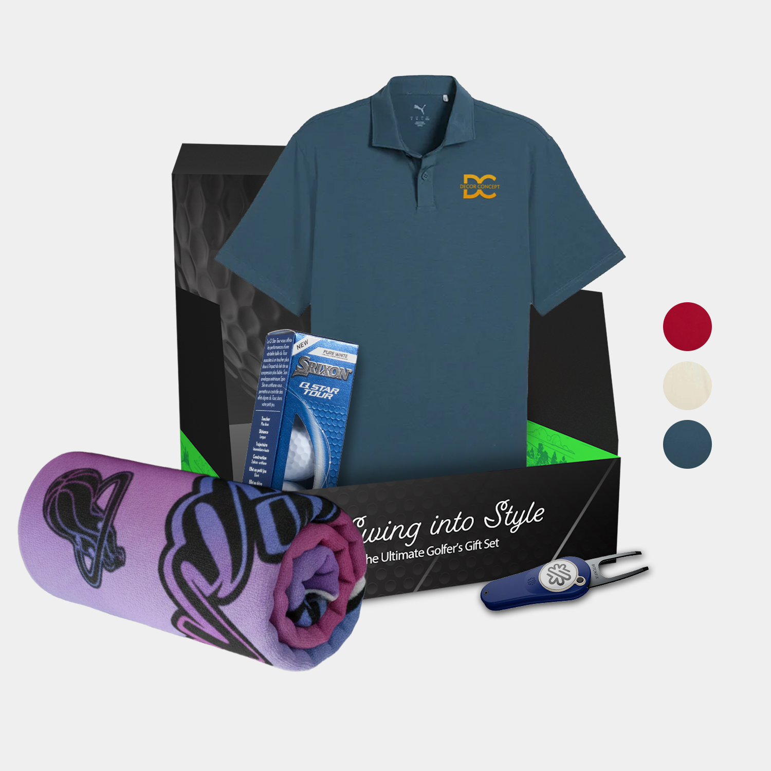 PUMA® Modalon Men's Polo Shirt, Towel, Srixon® Golf Balls & Pitchfix® Icon Divot Tool Gift Set 2