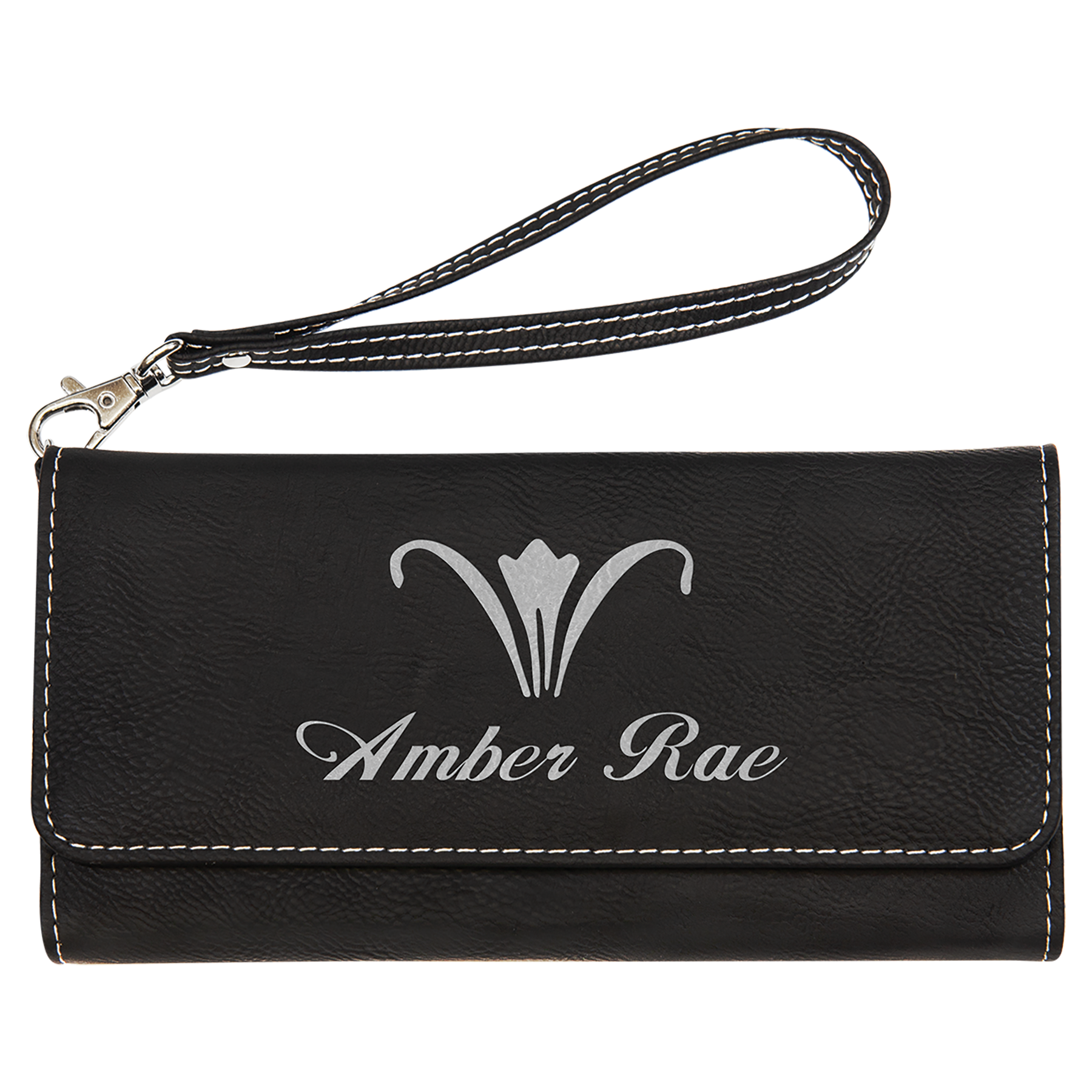 7 1/2" x 4" Black/Silver Leatherette Wallet with Strap 2