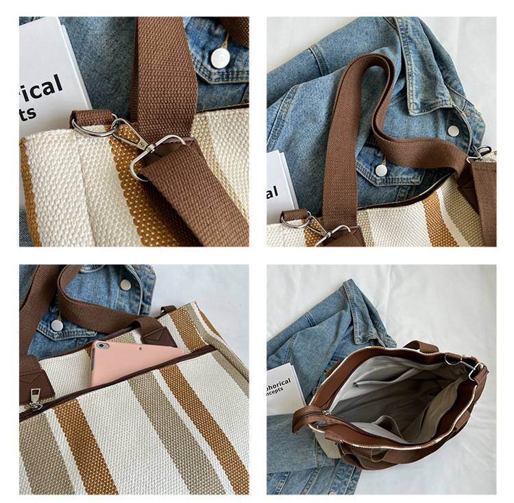 Striped Canvas Tote Bag W/ Large Capacity 5