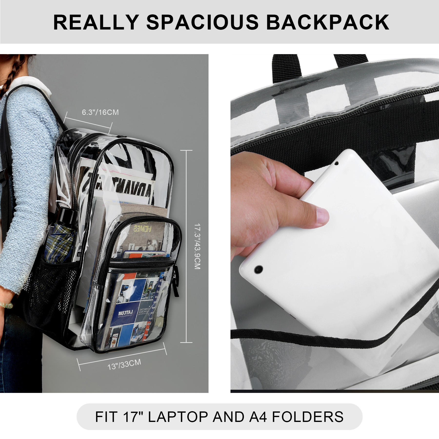 0.4mm 17.3" Large Capacity High School Clear Backpack 6