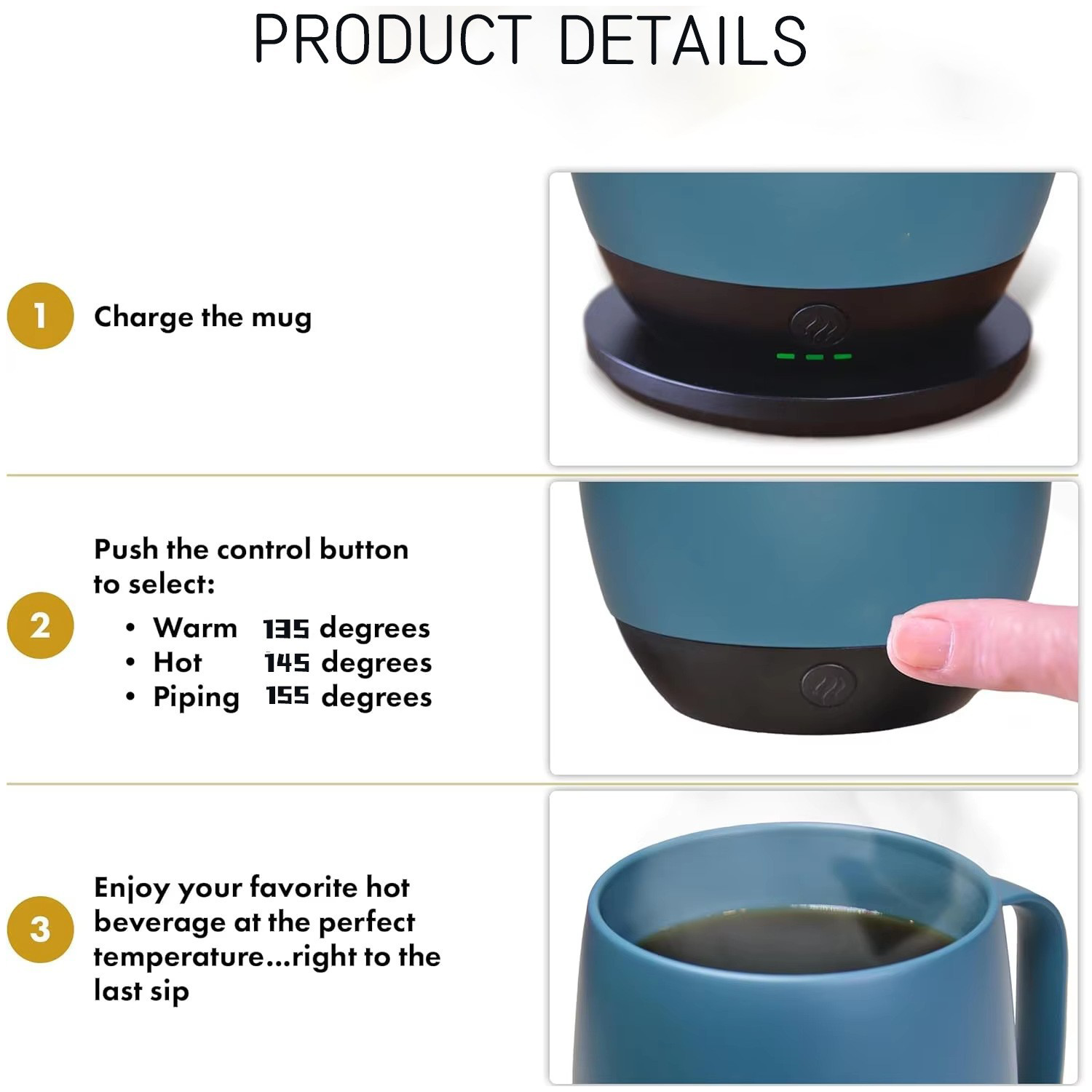 12oz Adjustable Heat Smart Warmer Stainless Steel Mug Set 6