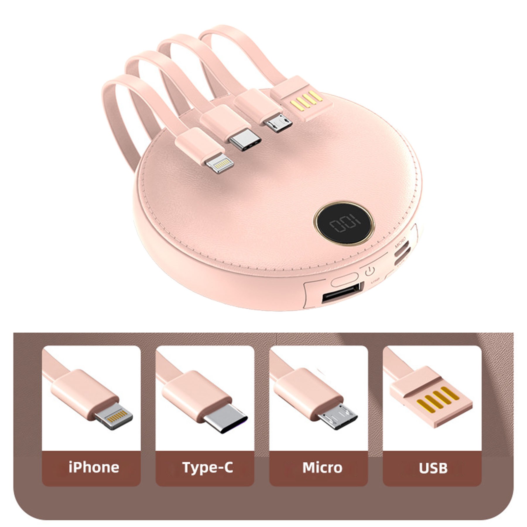 4 in 1 6000mAh Round Leather Fast Charging Power Bank 2
