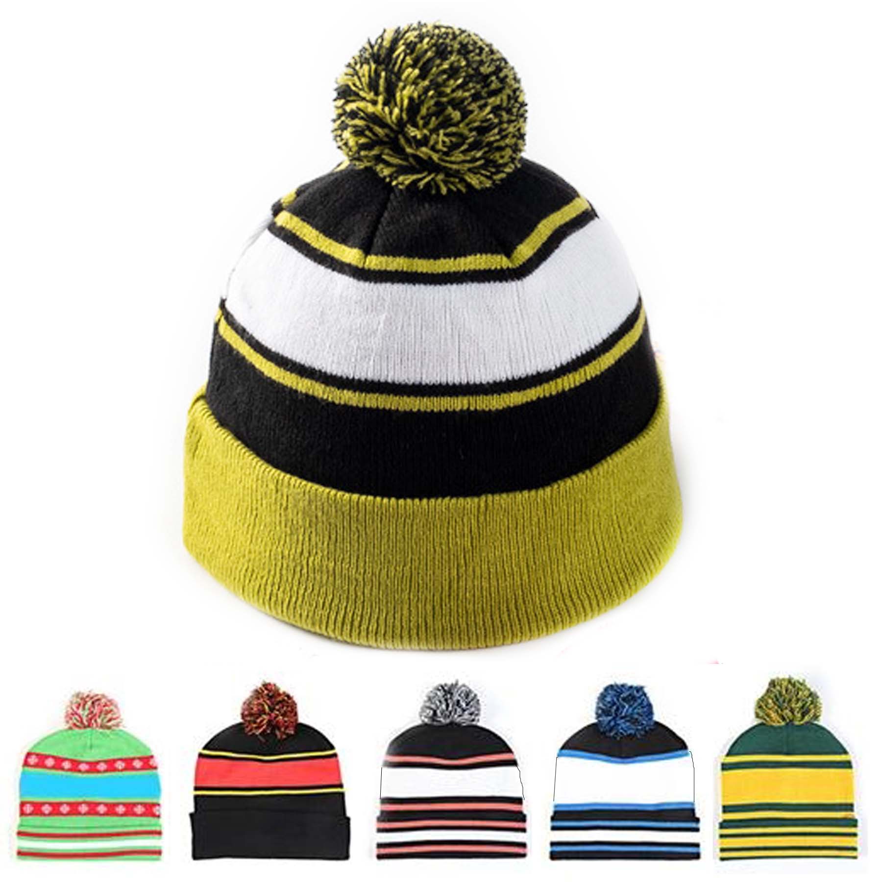 Jacquard Knit Pom Cuff Beanies Hats 1