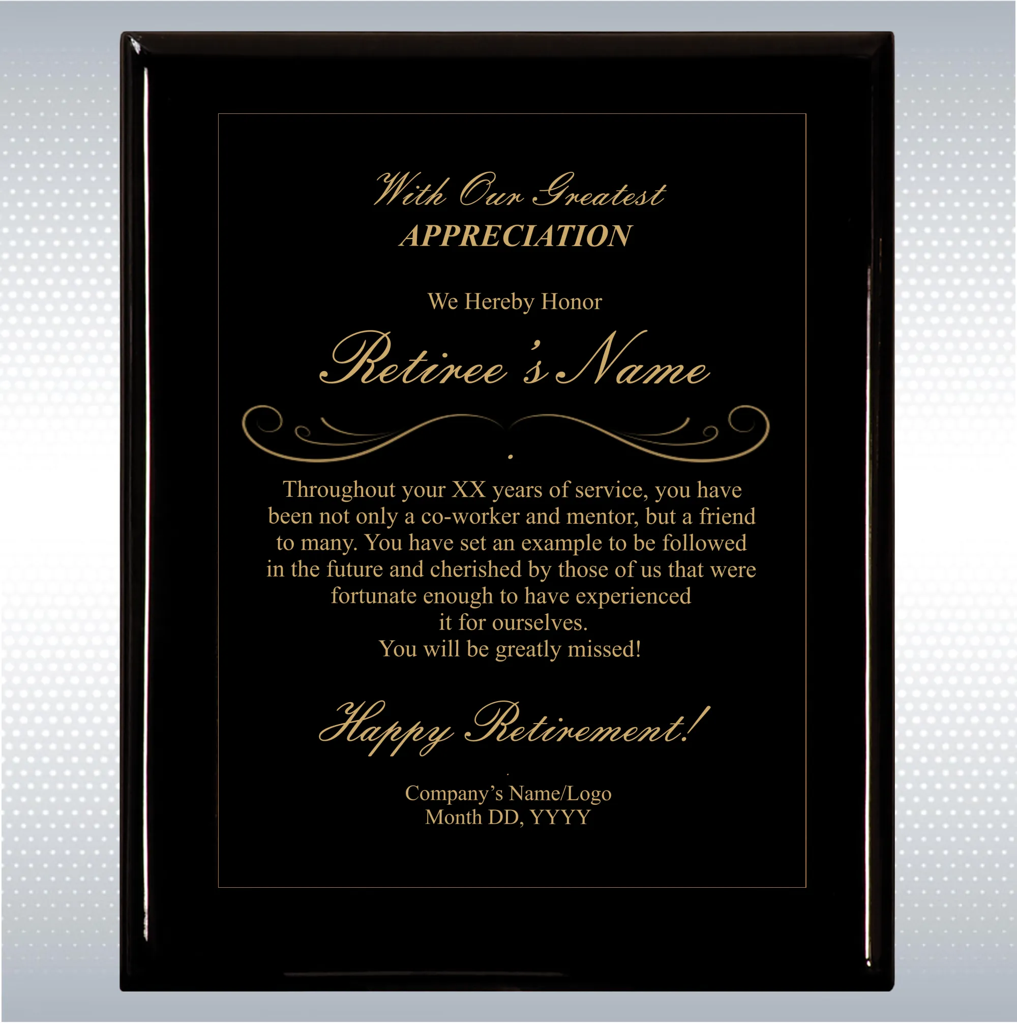 Black Piano Finish Wood Plaque Retirement Gift Award 12