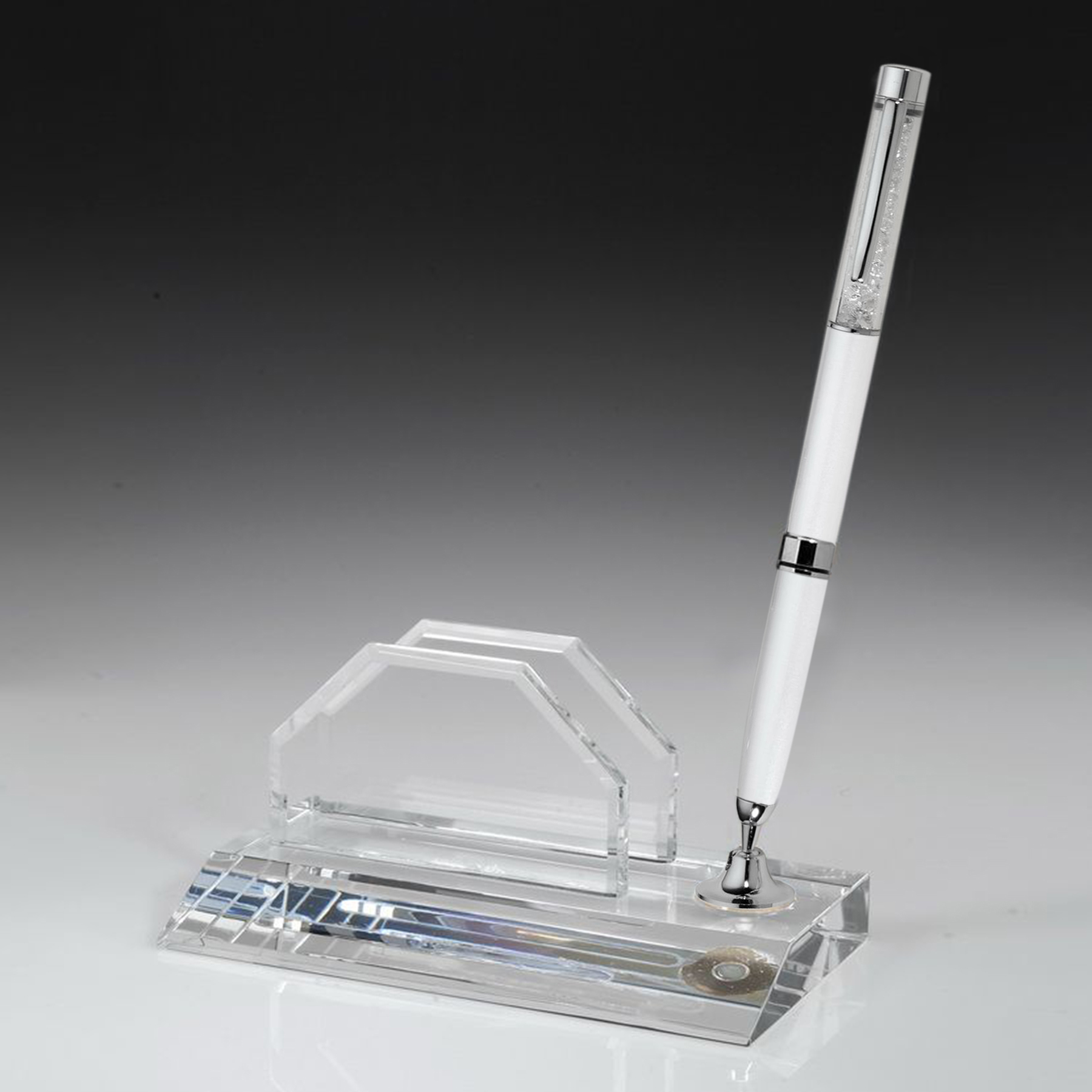 Crystal Award Business card holder Pen Set w/White Ballpoint Pen 2