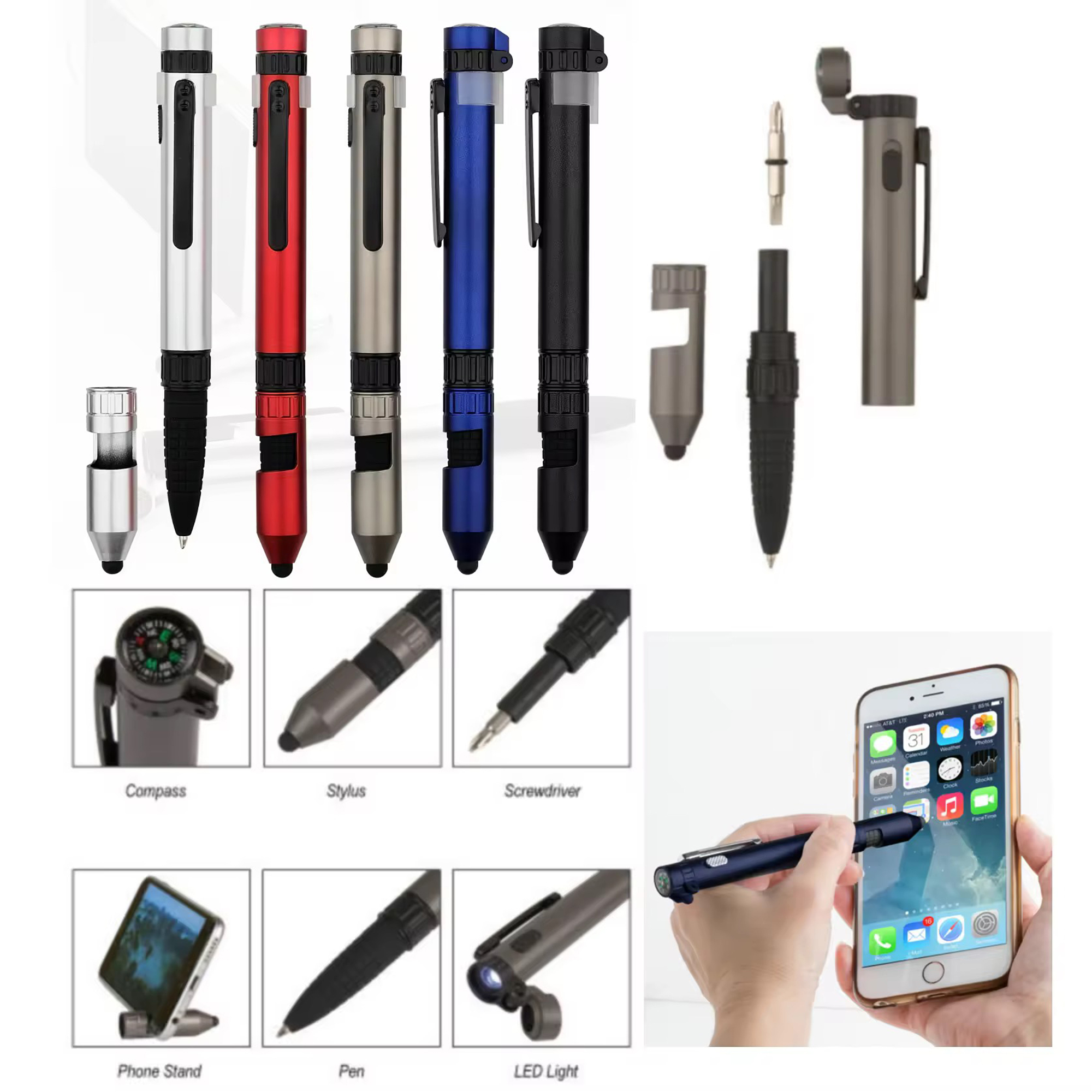 6 in 1 Multifunction Tool Ballpoint Pen with Outdoor Compass Screwdriver Torch Stylus Mobile Phone 4