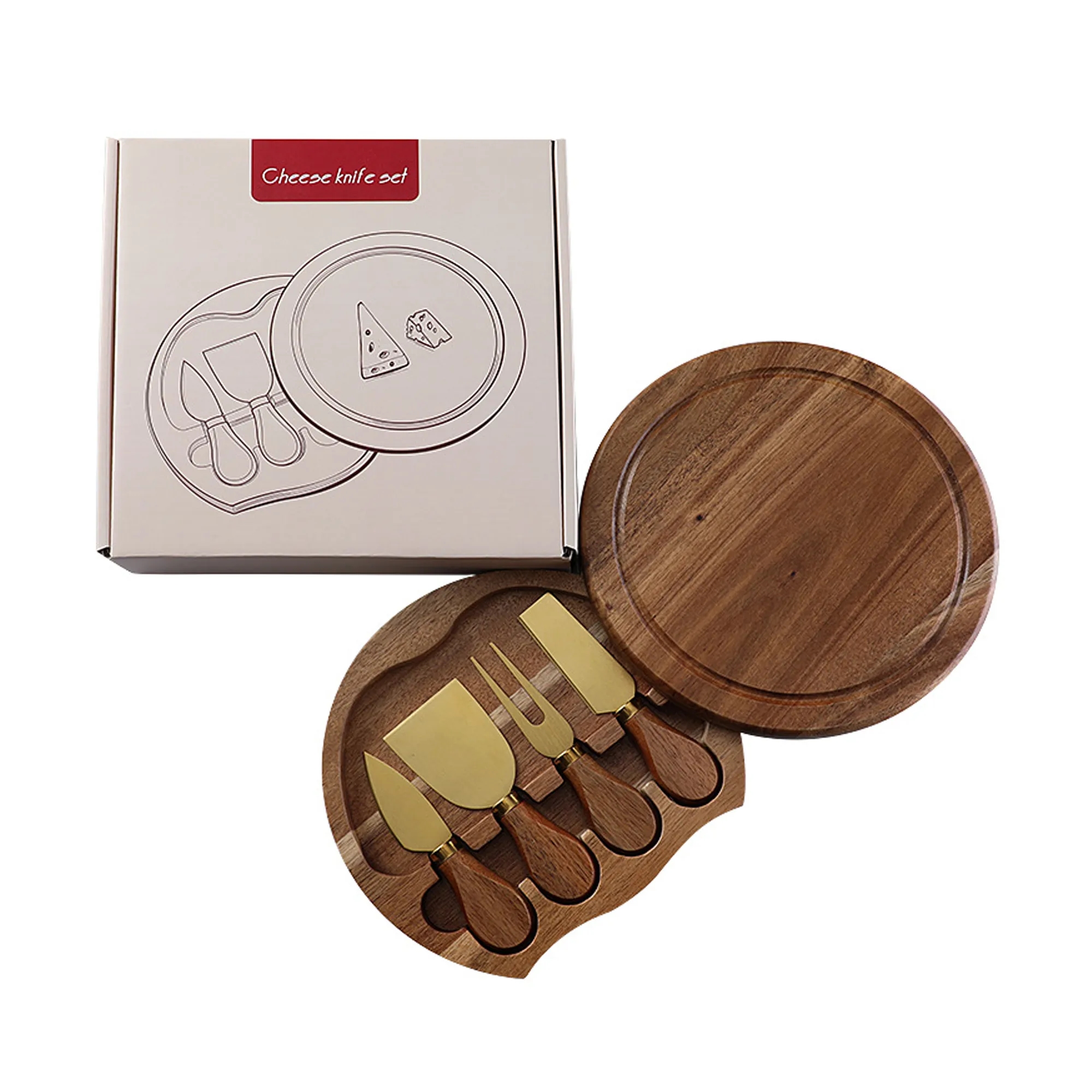4pcs Round Oak Cheese Box Stainless Steel Knife Spatula Set 4