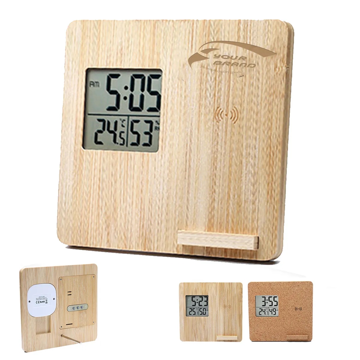 Wireless Charging Weather Temperature Humidity Bamboo Clock 5