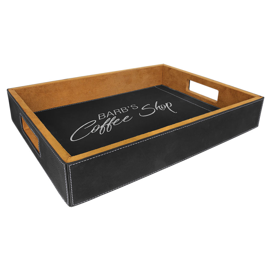 16" x 12" Black/Silver Leatherette Serving Tray 1