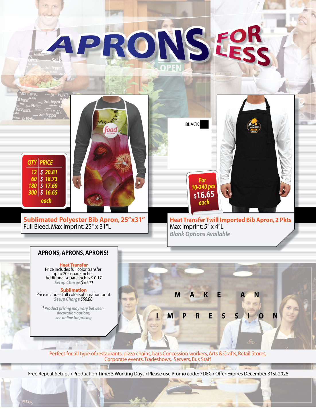 Twill Bib Apron, 25x28, 2 Pockets, Adjustable Neck, Heat Transfer Logo, In Stock 2
