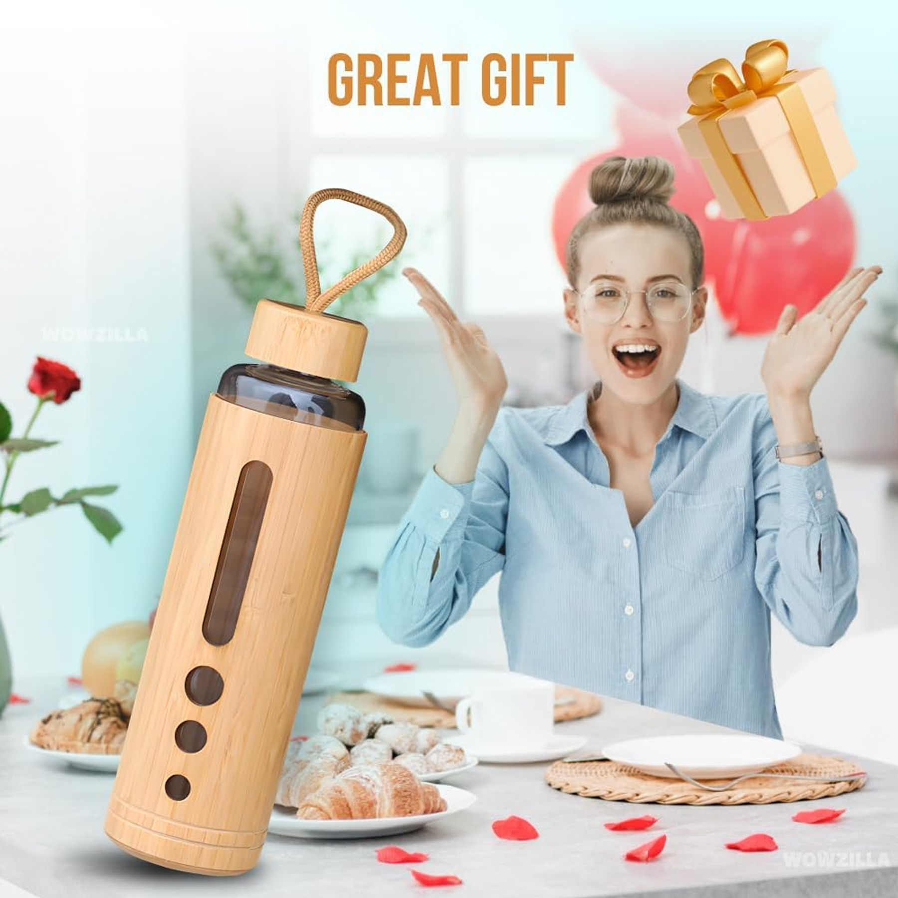 19oz Glass Water Bottle with Bamboo Cover 2