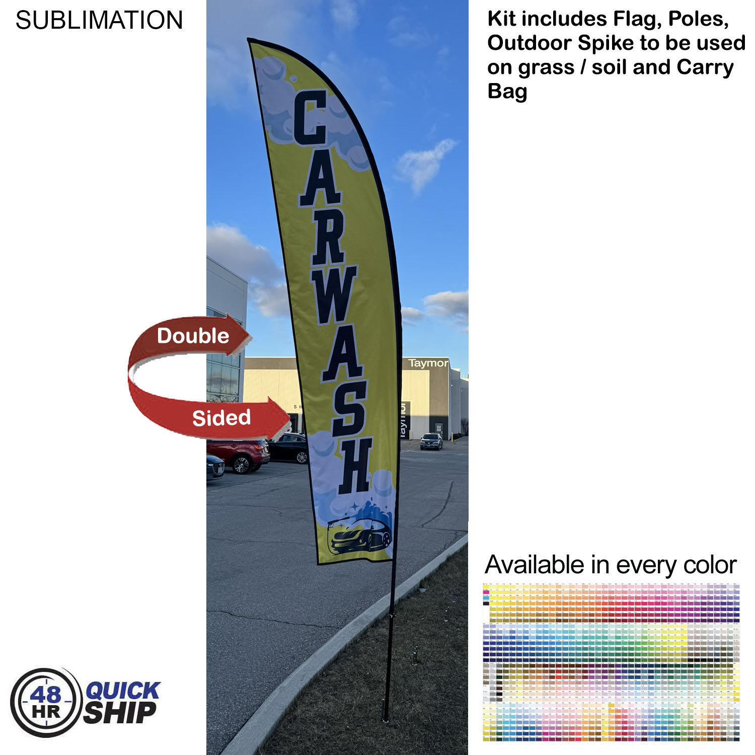 48 Hr Quick Ship - 13' Medium Feather Flag Kit, Full Color Graphics Double Sided, Spike and Bag. 12